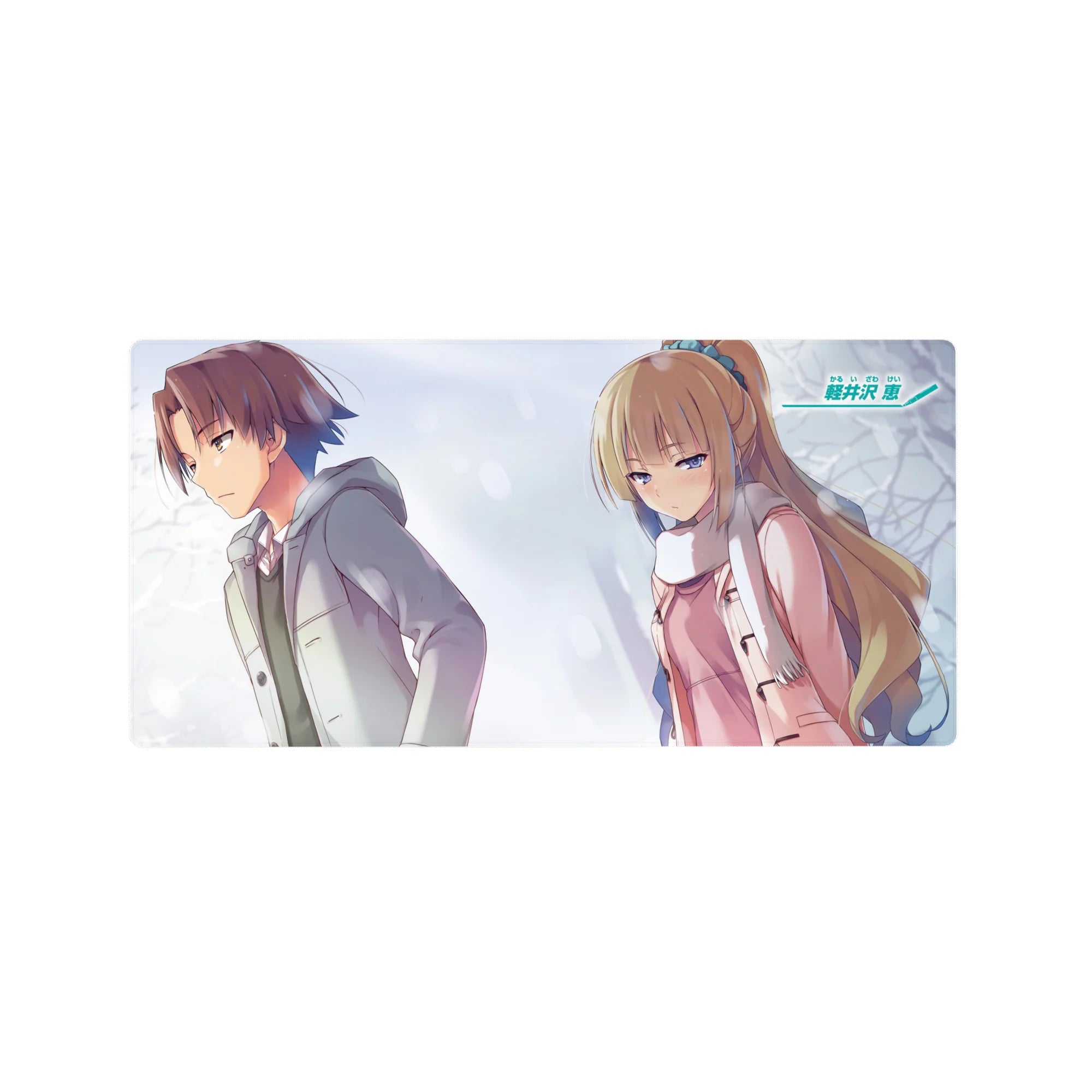 32x16 inches anime mouse pad with winter duo, boy in gray coat and blonde girl in pink scarf scene.