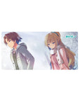 32x16 inches anime mouse pad with winter duo, boy in gray coat and blonde girl in pink scarf scene.