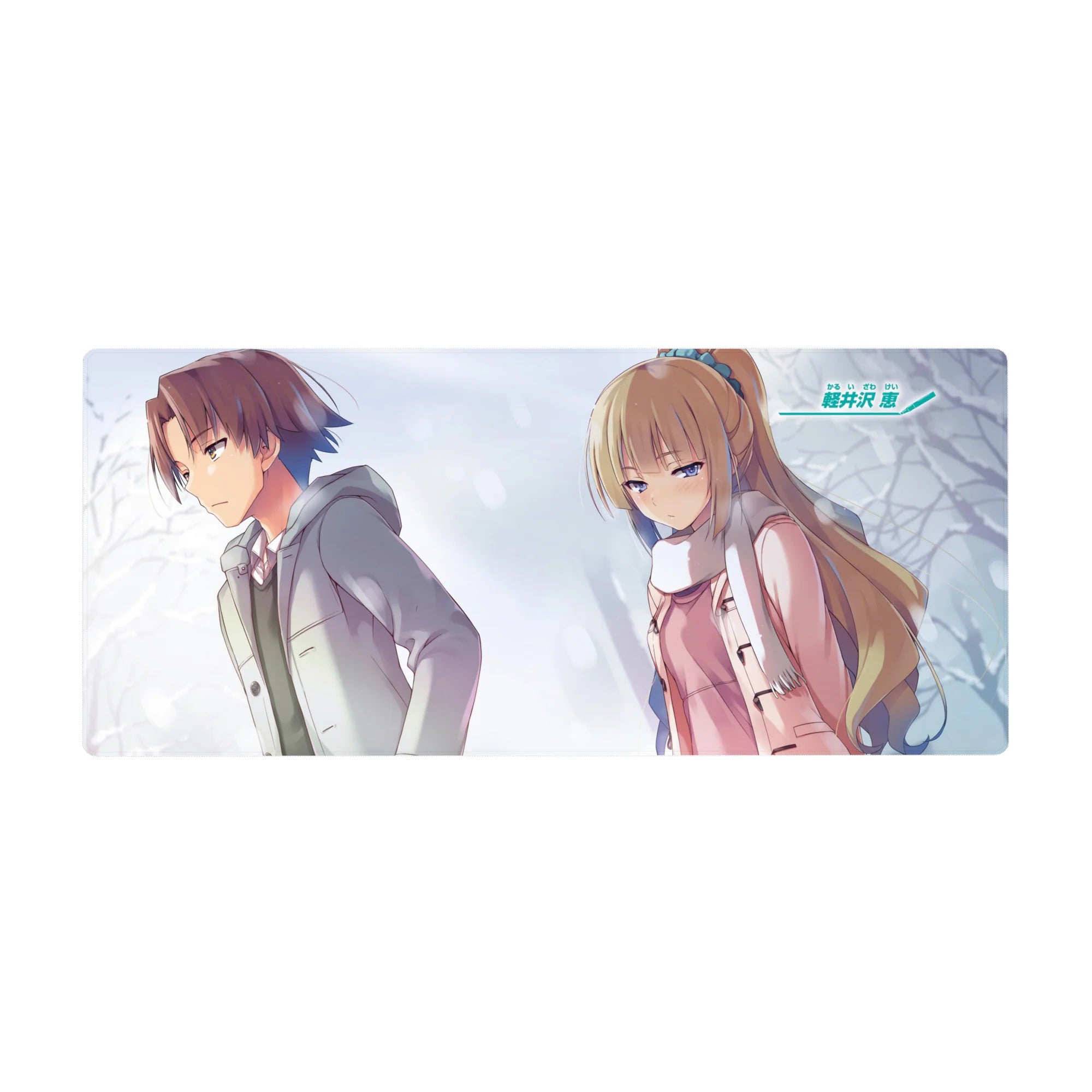 36x16 inches anime desk pad with winter duo, boy in gray coat and girl in pink coat with scarf.