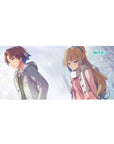 36x16 inches anime desk pad with winter duo, boy in gray coat and girl in pink coat with scarf.