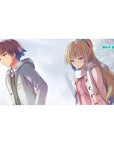 40x20 inches anime desk pad with moody winter duo, boy in gray coat and girl in pink scarf scene.