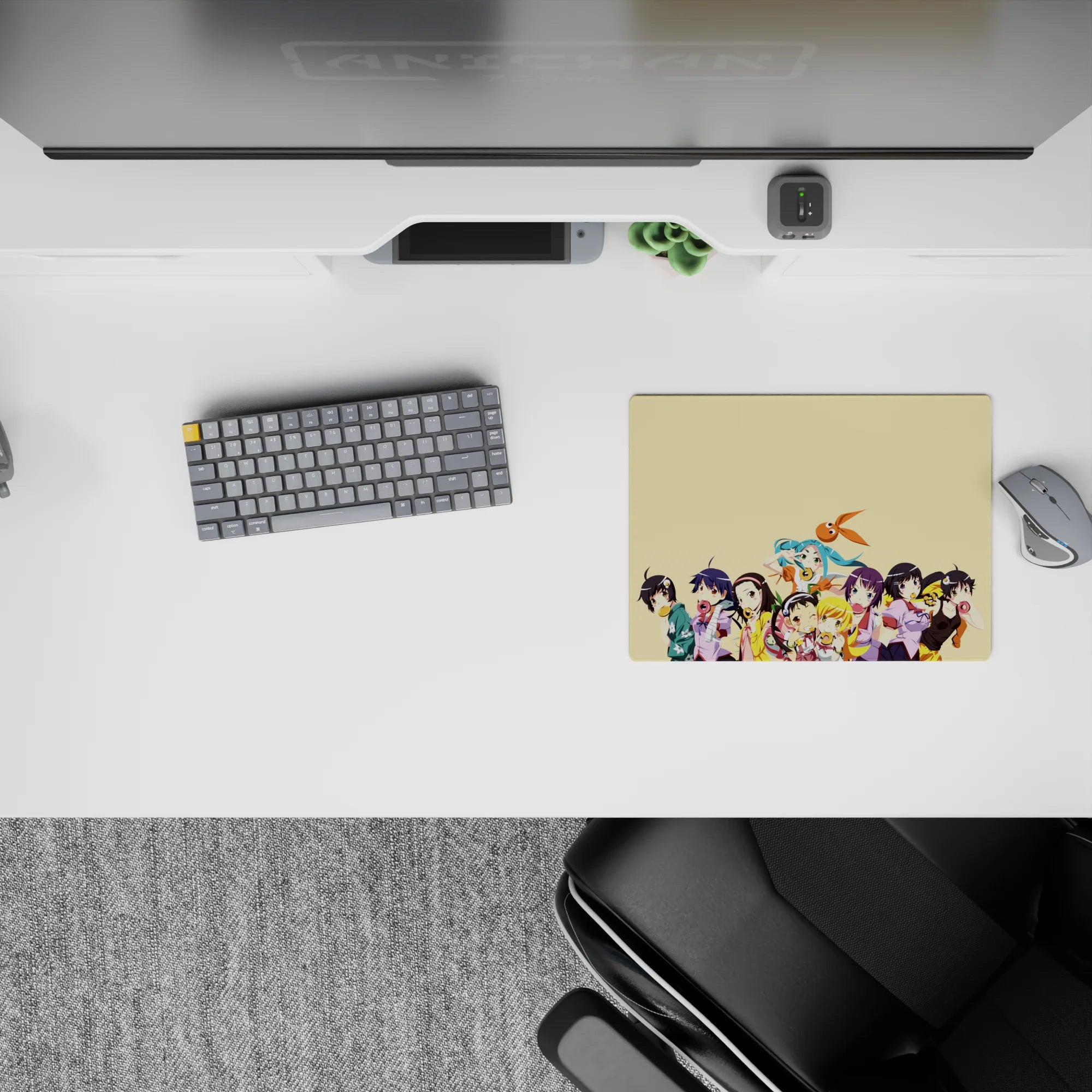 14x10 inches anime girl mouse pad in teal, purple, black, and honey-blonde pastels with sugar-rush fun vibe.
