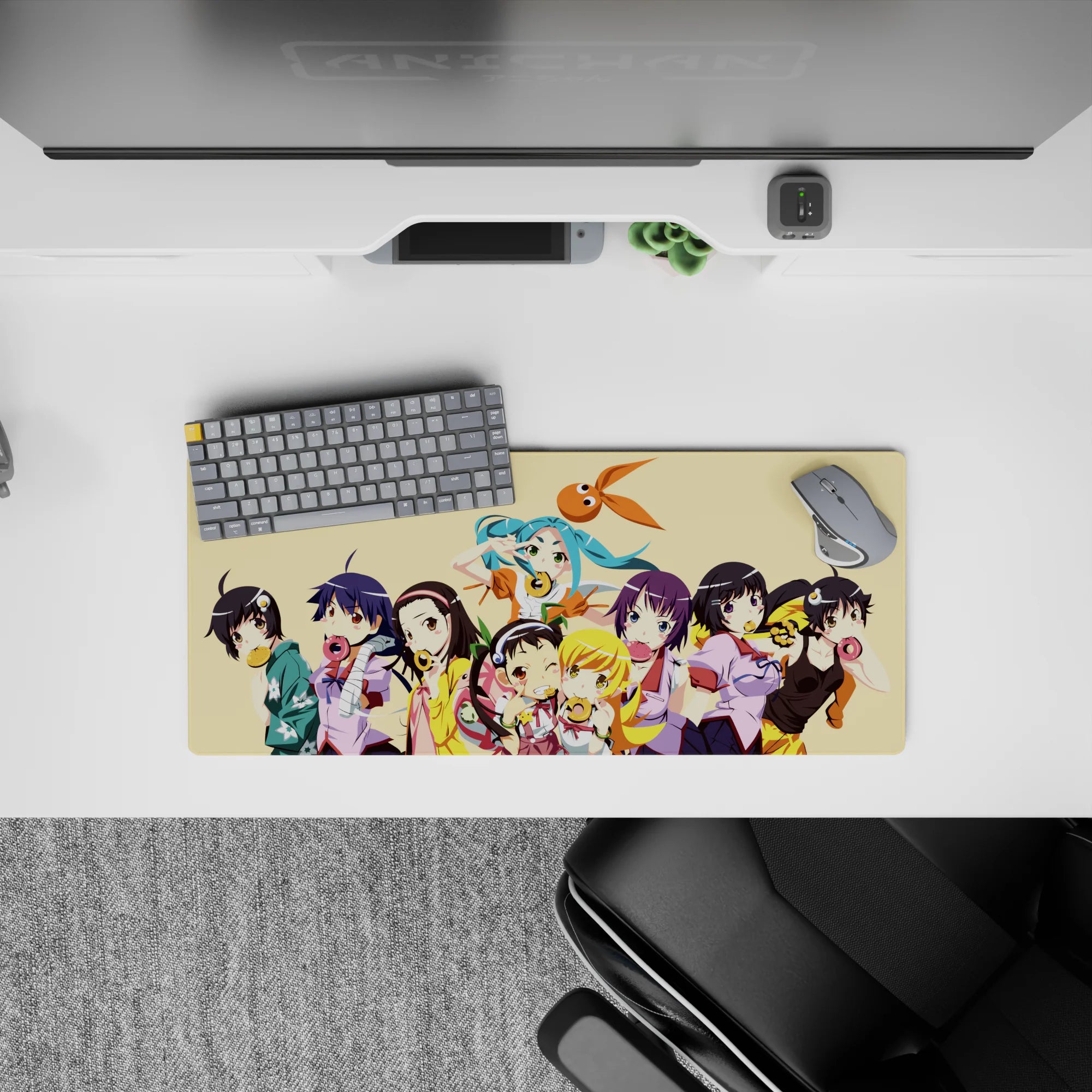 28x12 inches pastel cream anime mouse pad, teal and purple hair pops, playful sugar-rush mood.
