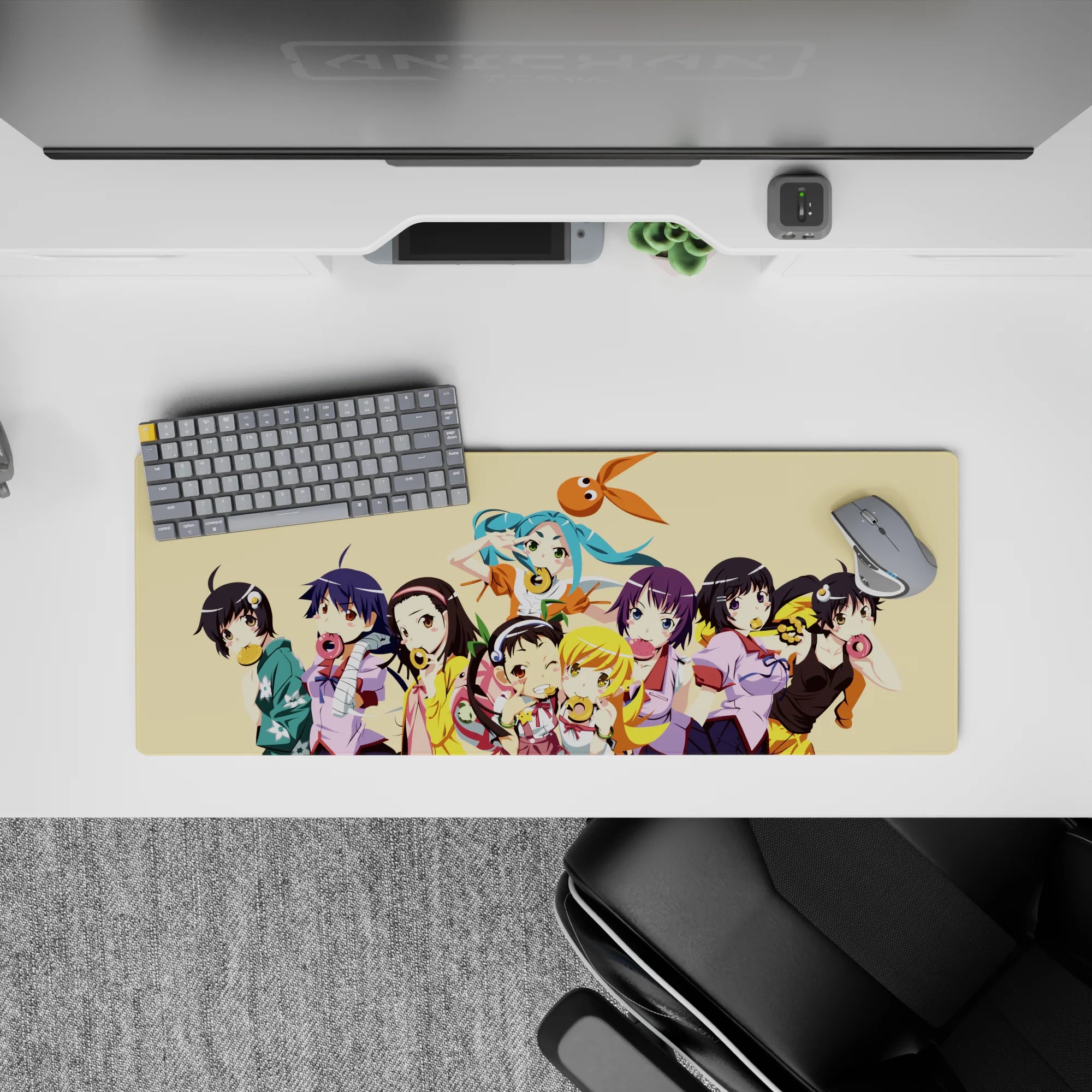 Cute pastel anime girl mouse pad 32x12 inches with teal, purple, black, and blonde hair, sugar-rush vibe.