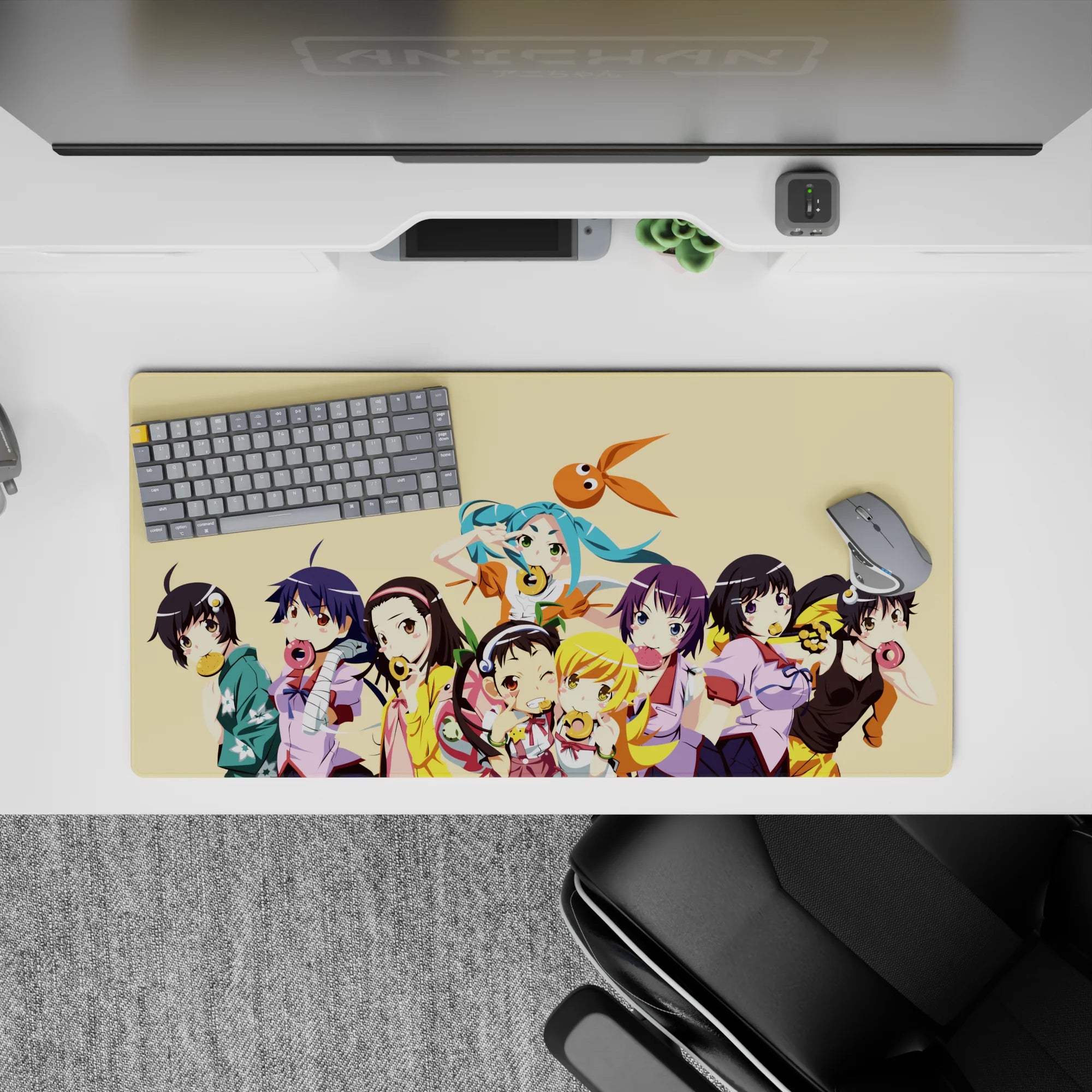 Cute pastel anime mouse pad 32x16 inches with teal twin-tails, bright colors, and sugar-rush fun vibe.
