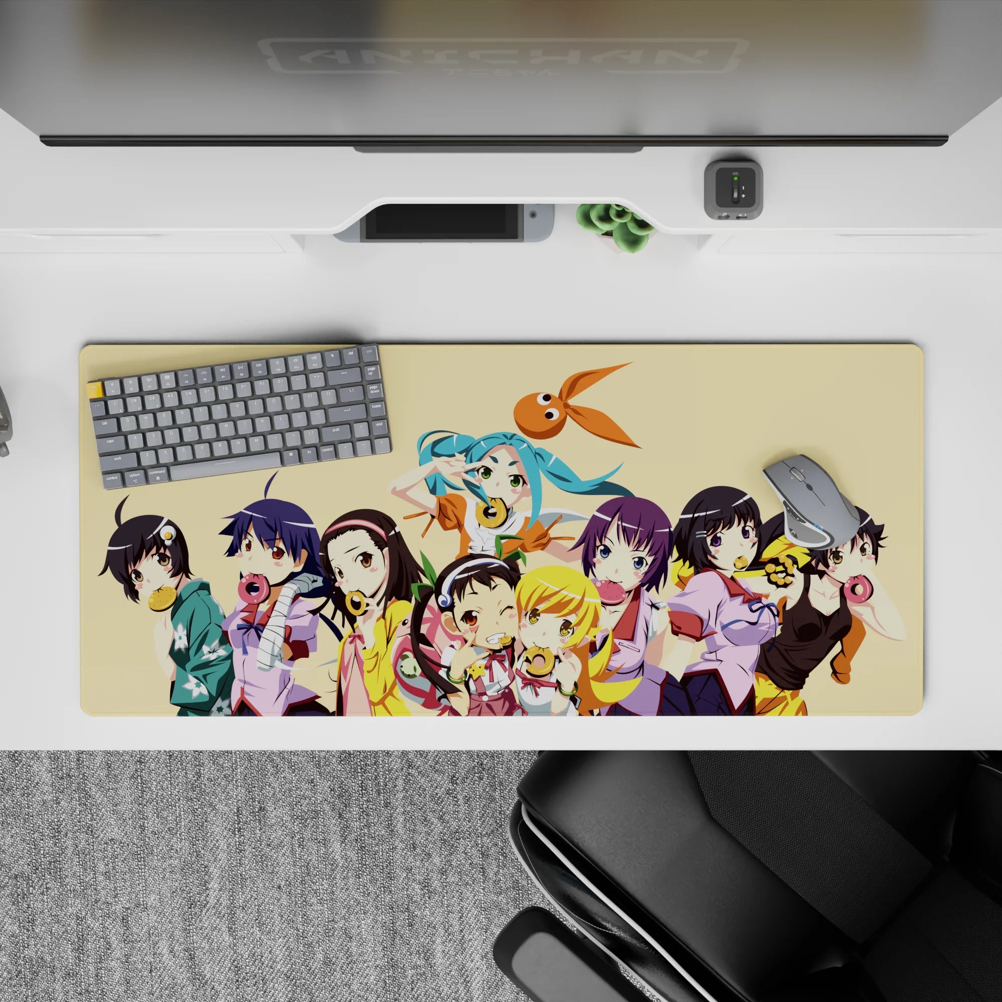 Pastel candy shop mood anime girl desk pad 36x16 inches, teal, purple, black and honey-blonde accents.