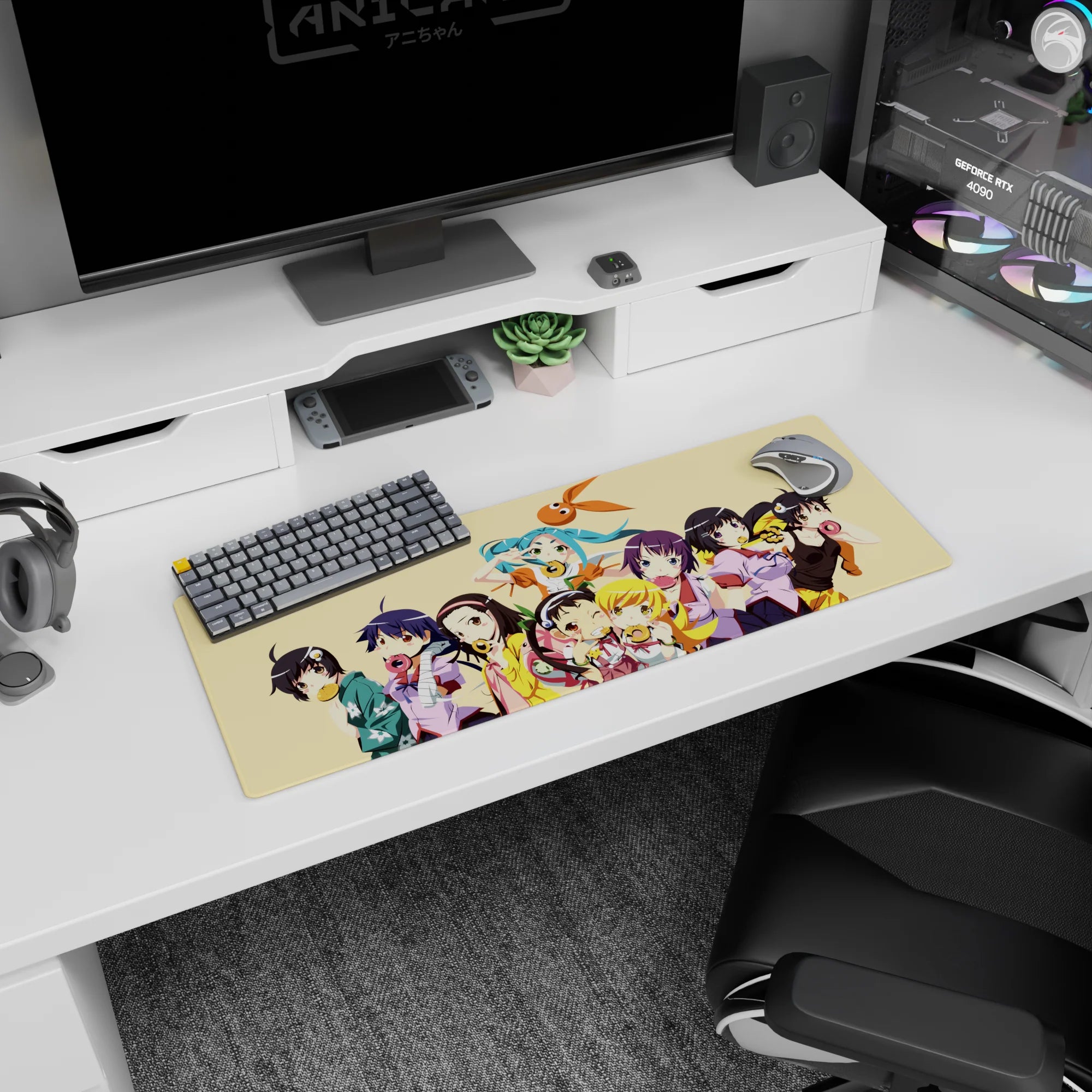 Teal twin-tails anime girl saluting amid snack-loving friends on a 32x12 inches mouse pad, candy shop feel.