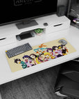 Teal twin-tails anime girl saluting amid snack-loving friends on a 32x12 inches mouse pad, candy shop feel.