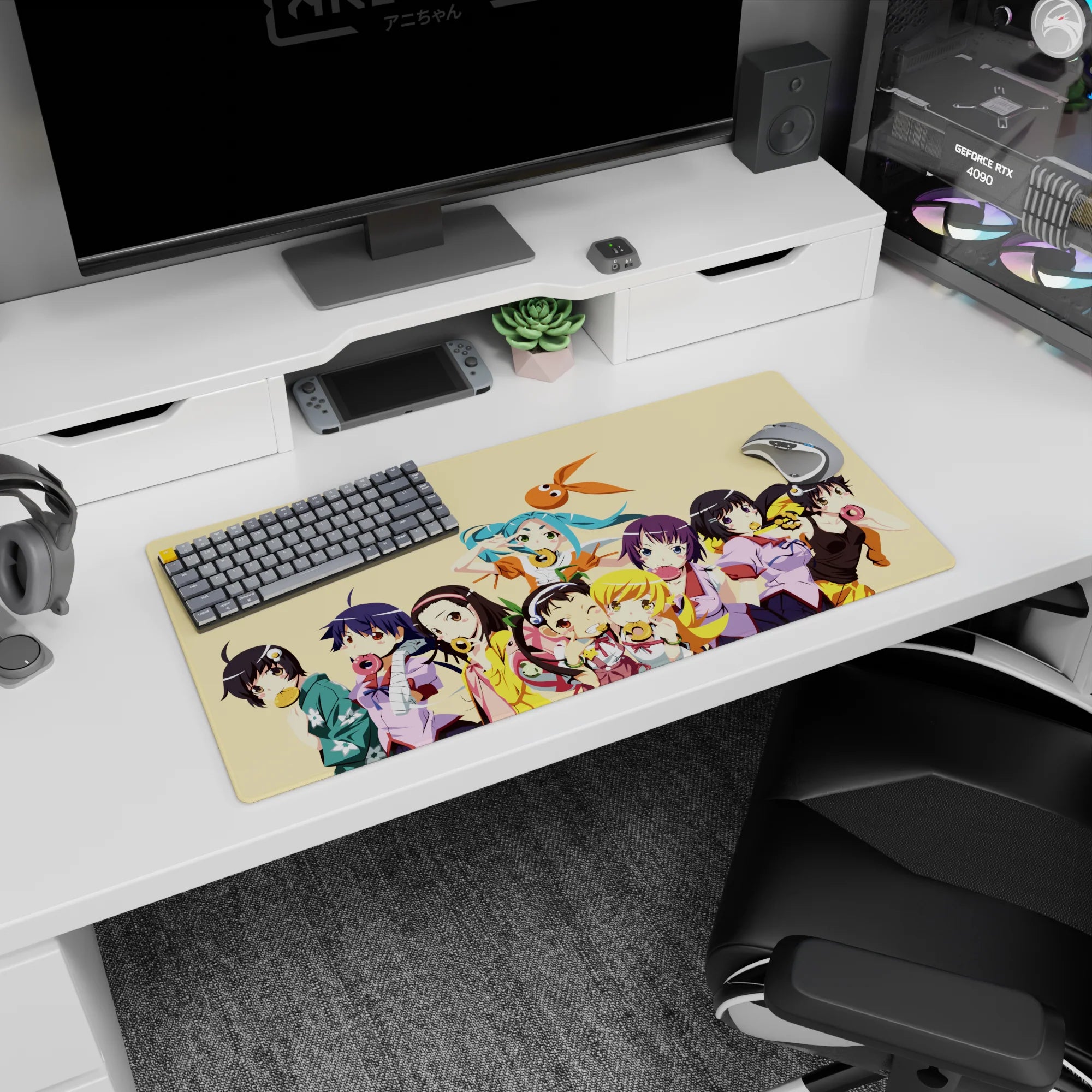 Teal twin-tail anime girl saluting on a 32x16 inches mouse pad, surrounded by girls holding donuts and cookies.