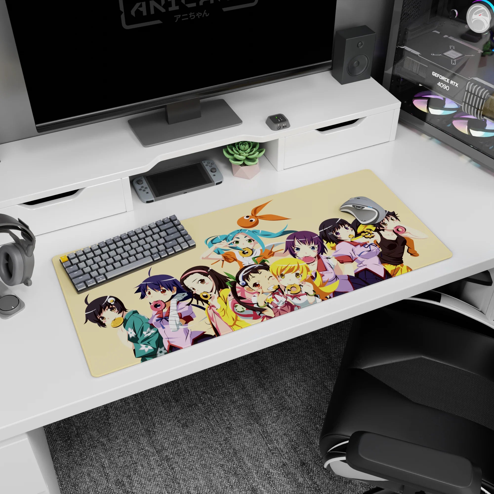 Teal twin-tail anime girl saluting with donuts and cookies desk pad 36x16 inches, bright-eyed group.