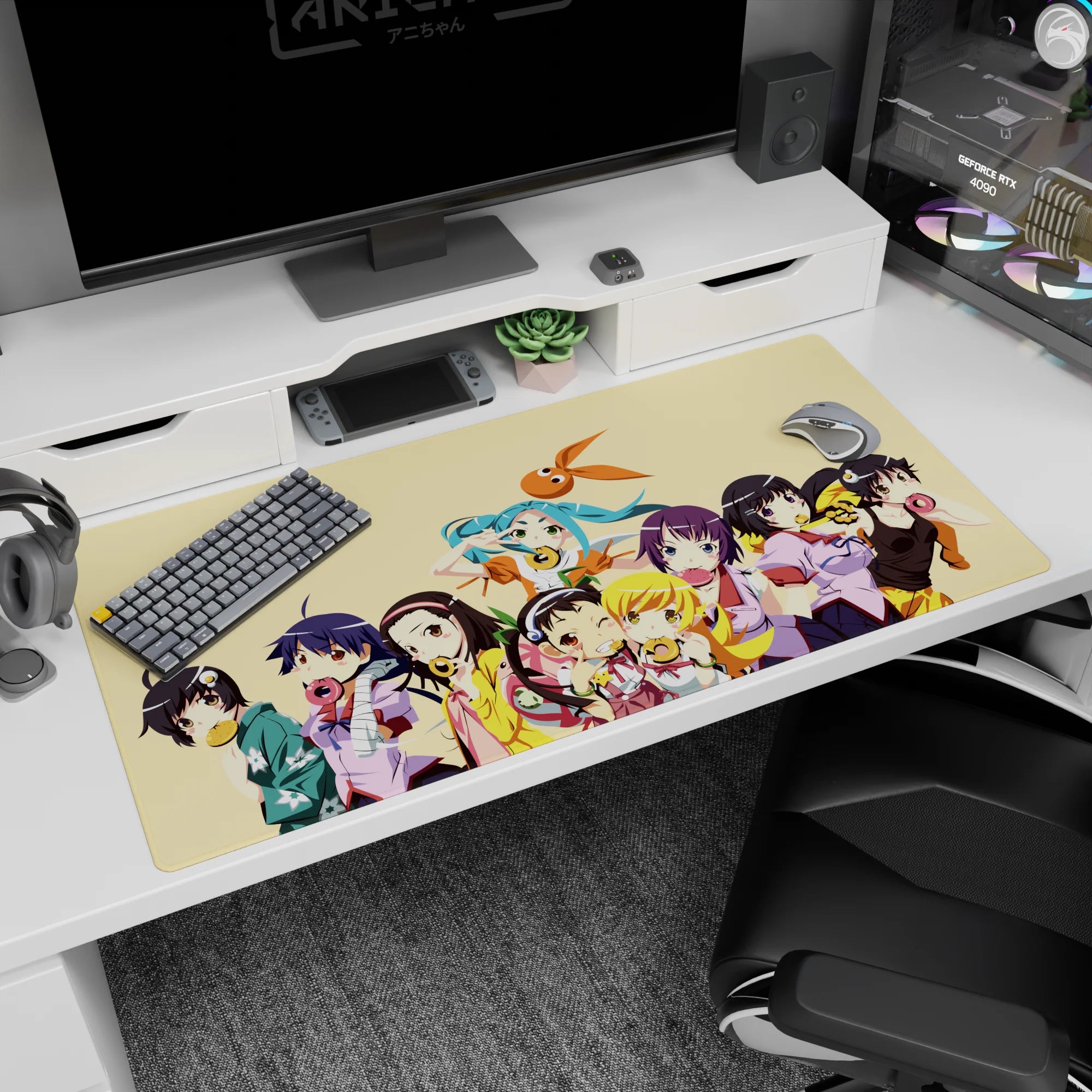 40x20 inches desk pad with teal twin-tail girl saluting, surrounded by pastel snack-time friends.