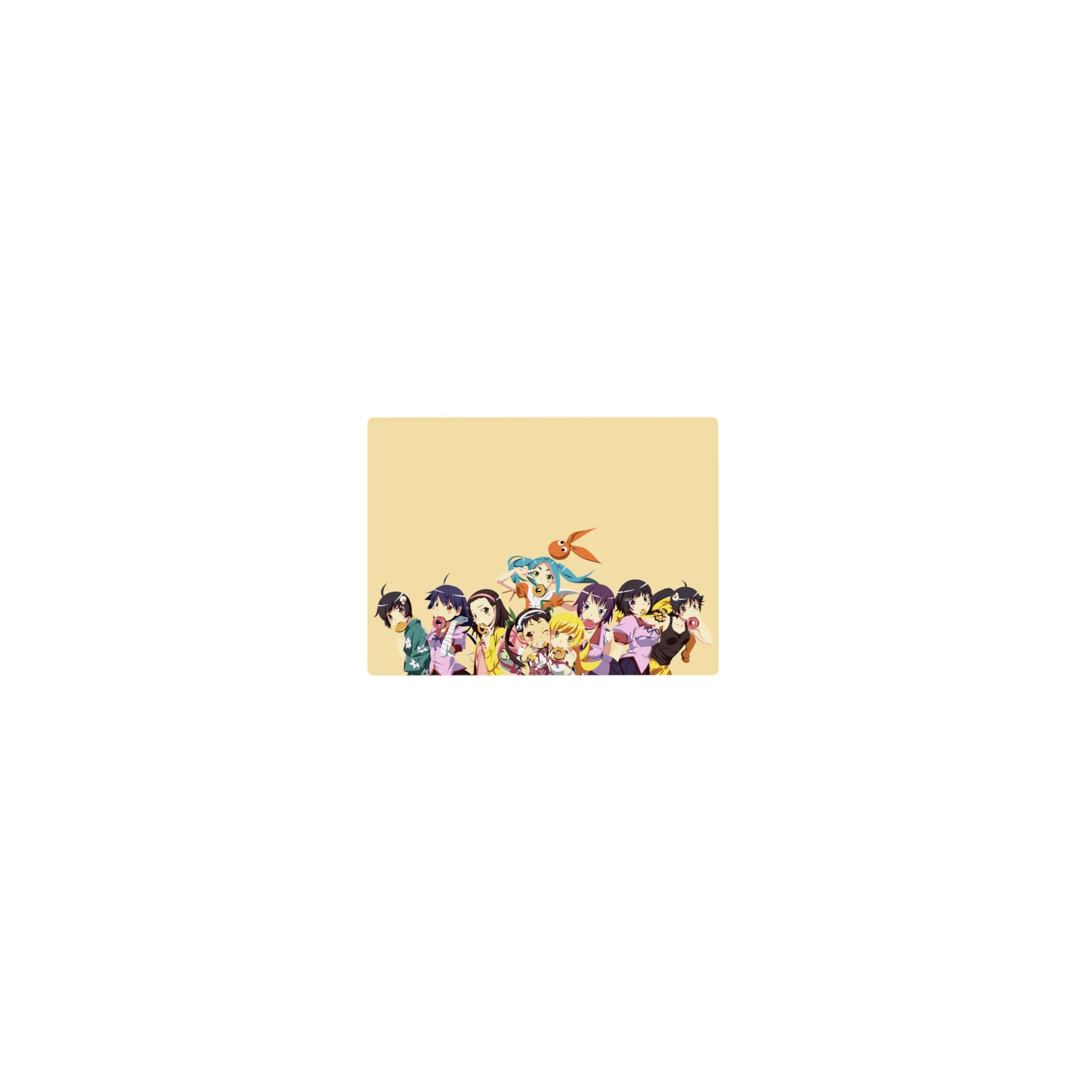 14x10 inches classic anime girl mouse pad with girls holding donuts, cookies, and candy on a cream backdrop.