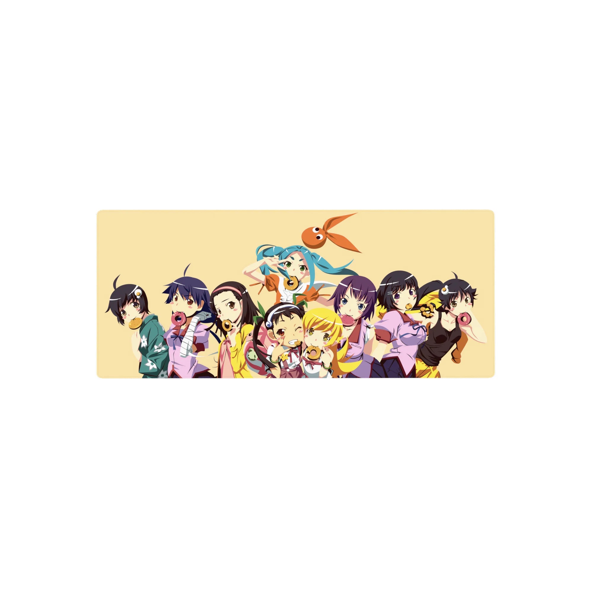 28x12 inches anime girl mouse pad with cute snack-time lineup of girls holding donuts, cookies, candy.