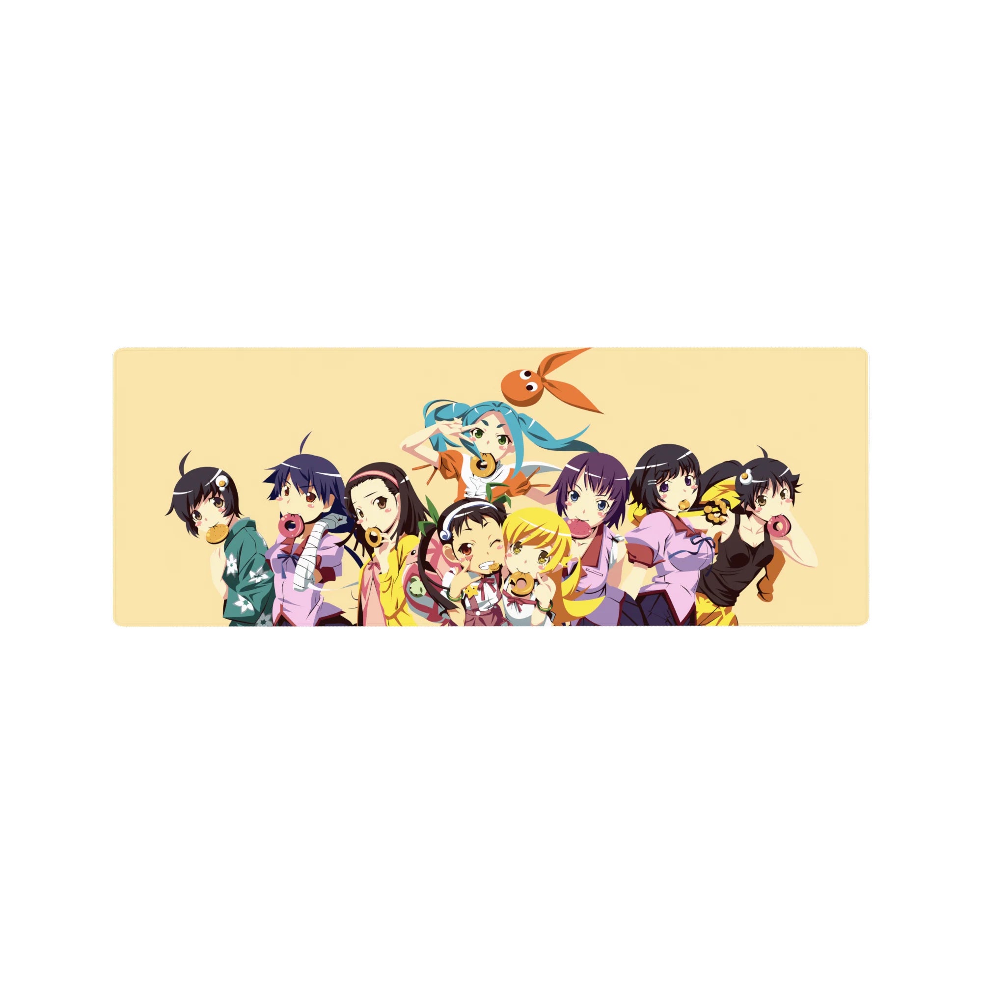 Anime girl mouse pad 32x12 inches with girls posing with donuts, cookies, and candy on a cream backdrop.