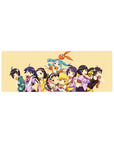 Anime girl mouse pad 32x12 inches with girls posing with donuts, cookies, and candy on a cream backdrop.
