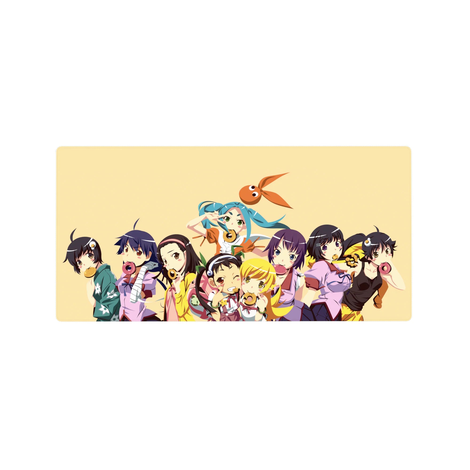 Anime girl mouse pad 32x16 inches with snack-themed lineup, donuts and candy on a warm cream backdrop.