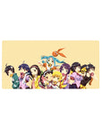 Anime girl mouse pad 32x16 inches with snack-themed lineup, donuts and candy on a warm cream backdrop.