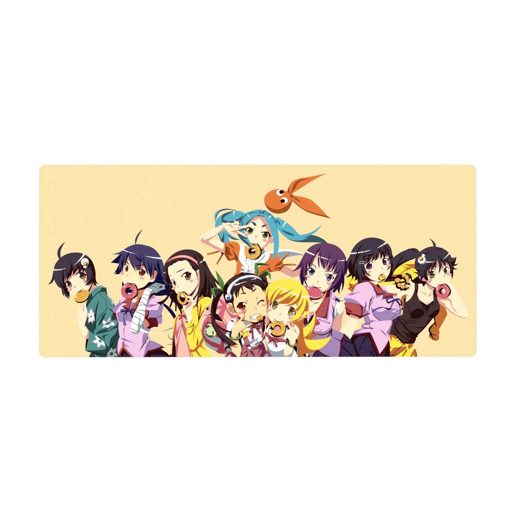 Anime girl desk pad 36x16 inches with girls and sweets lineup on warm cream background, clean vector art.