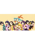 Anime girl desk pad 36x16 inches with girls and sweets lineup on warm cream background, clean vector art.