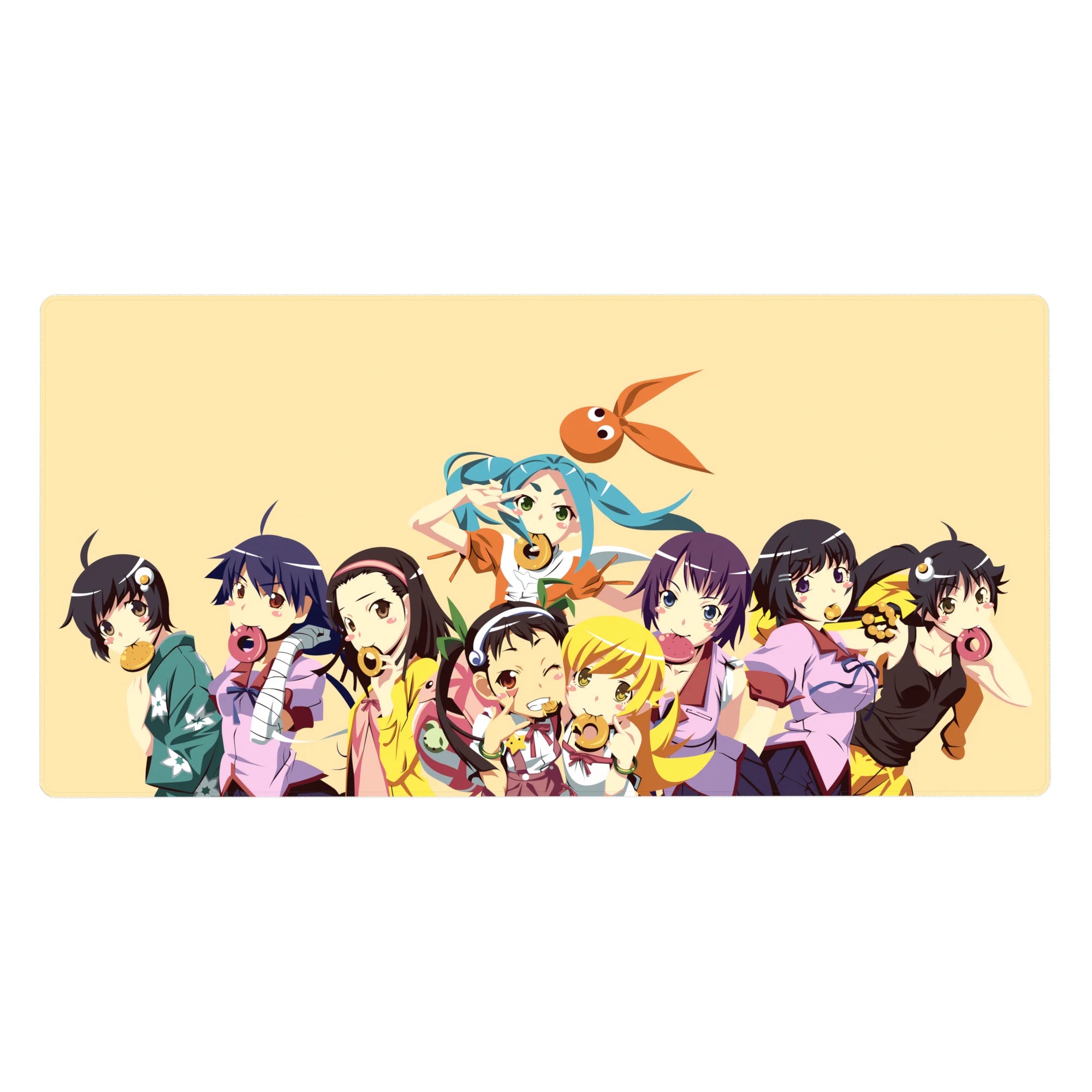 40x20 inches anime girl desk pad with girls, donuts, cookies and candy on a warm cream backdrop.