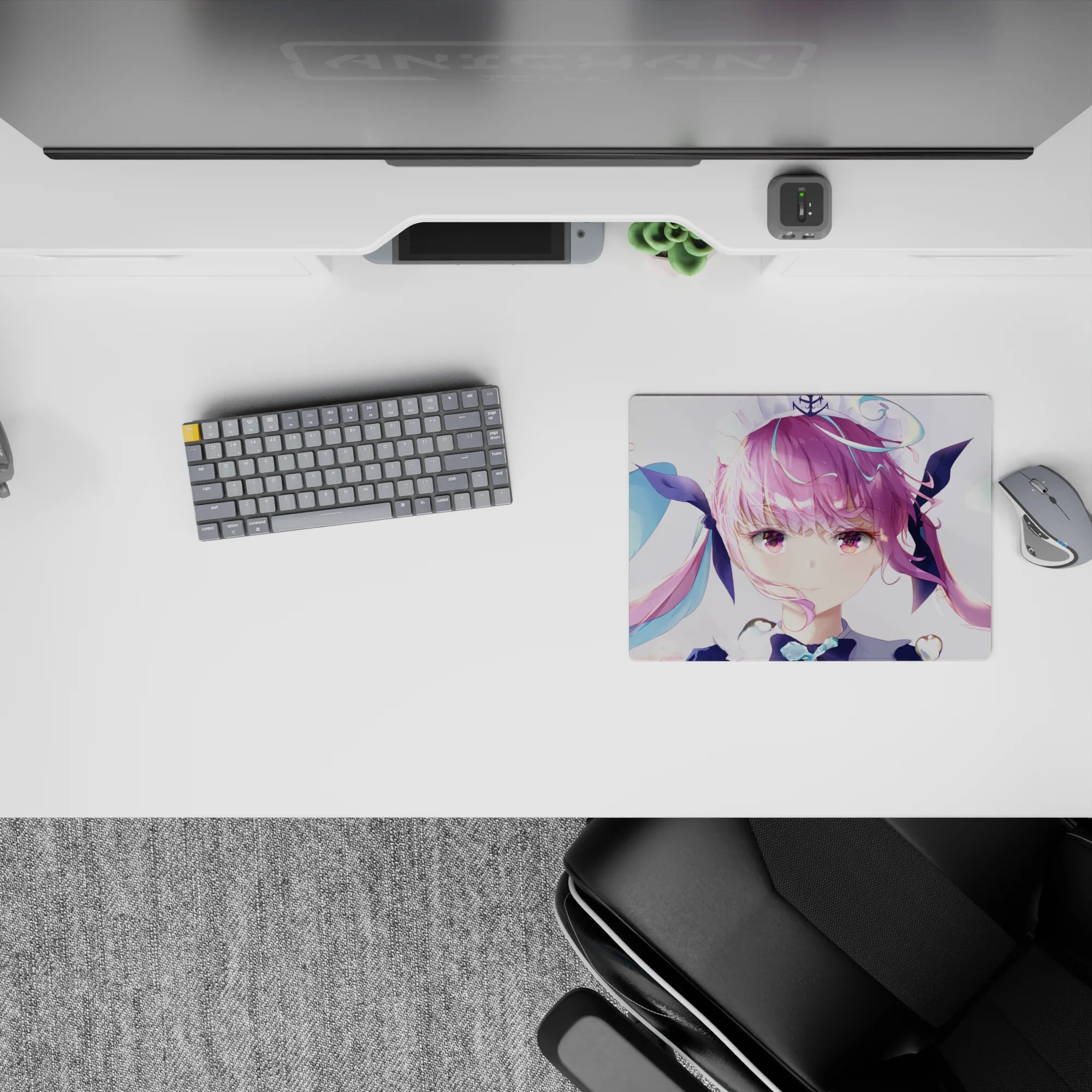 Pastel pink and teal anime girl mouse pad 14x10 inches with dreamy idol vibe and glossy highlights.