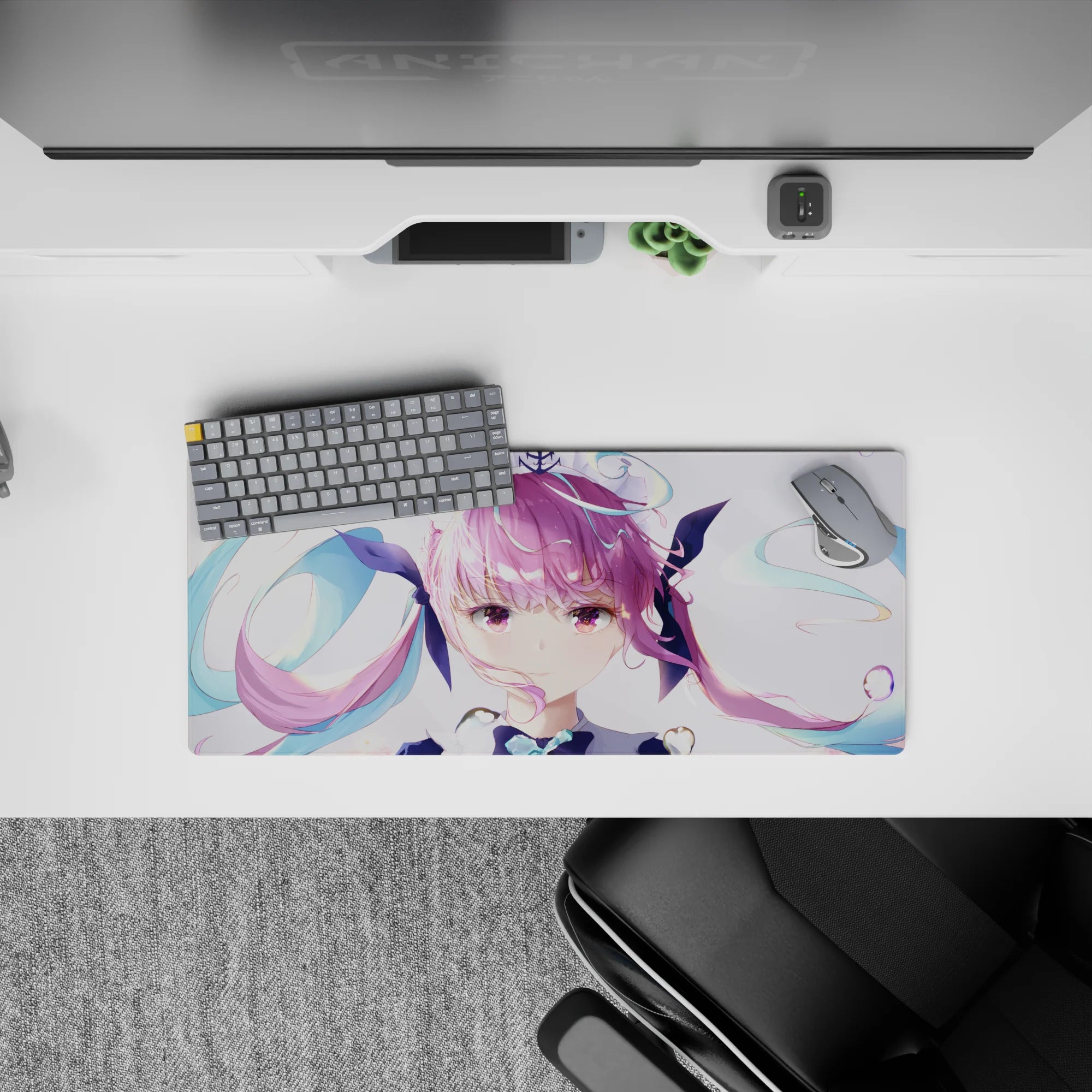 28x12 inches pastel anime girl mouse pad in soft pink and teal with glossy sparkles for a cozy, airy desk vibe.