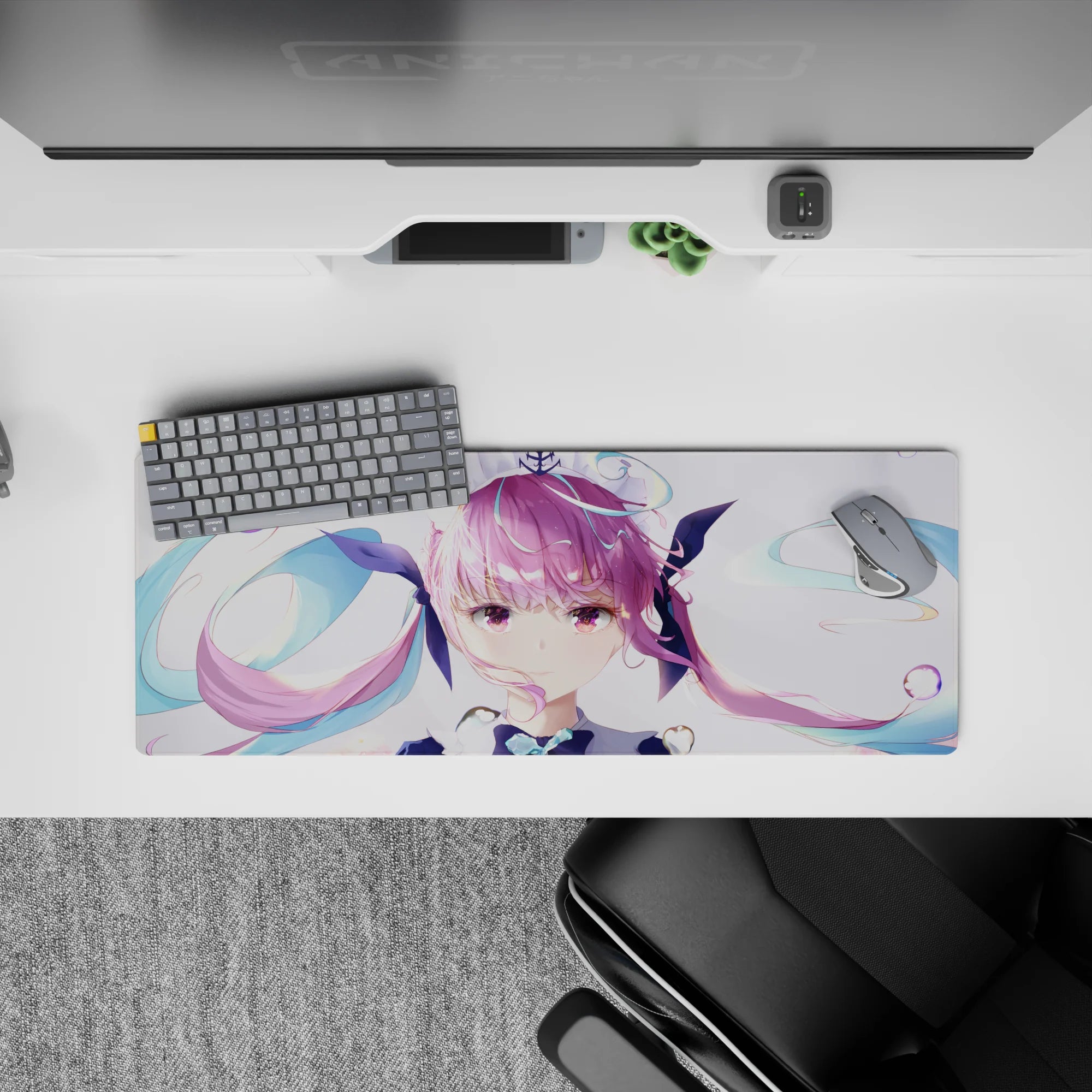 32x12 inches pastel pink and teal anime desk mat, airy cozy vibe with glossy highlights and soft sparkle.
