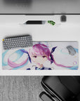 32x12 inches pastel pink and teal anime desk mat, airy cozy vibe with glossy highlights and soft sparkle.