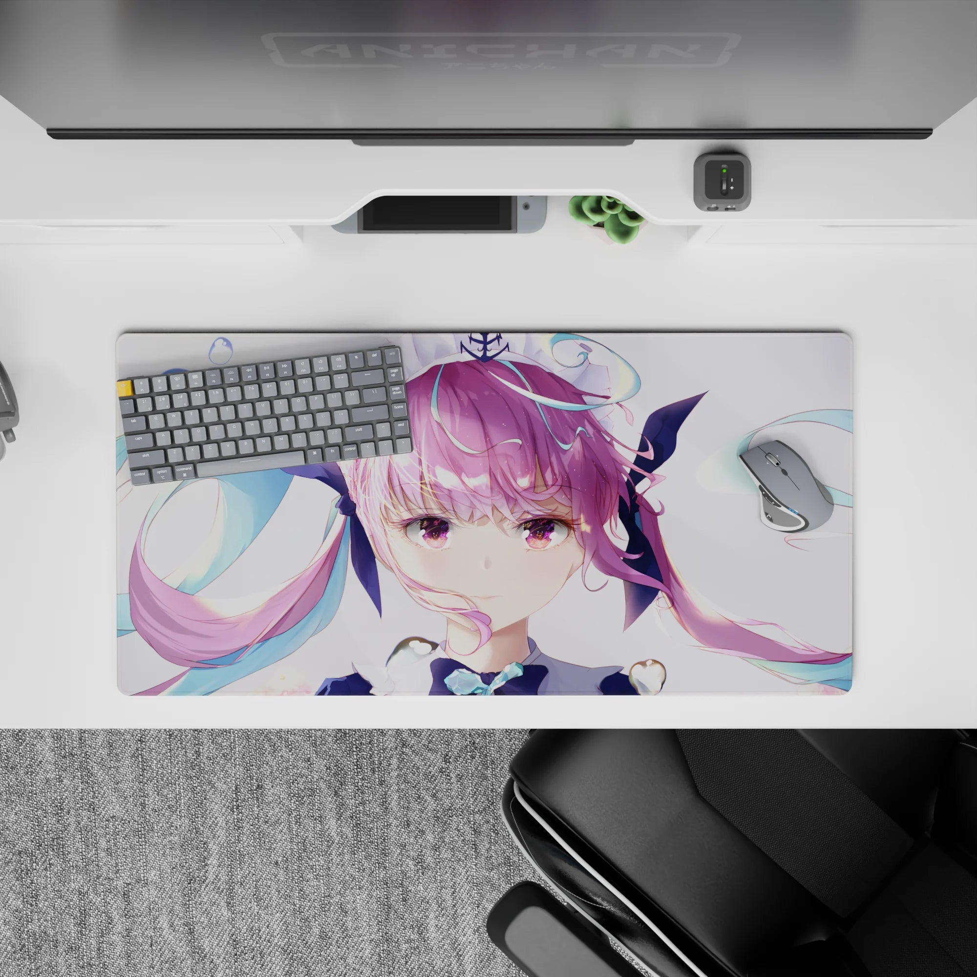 32x16 inches pastel kawaii desk mat in soft pink and teal, dreamy idol vibe with glossy sparkles.