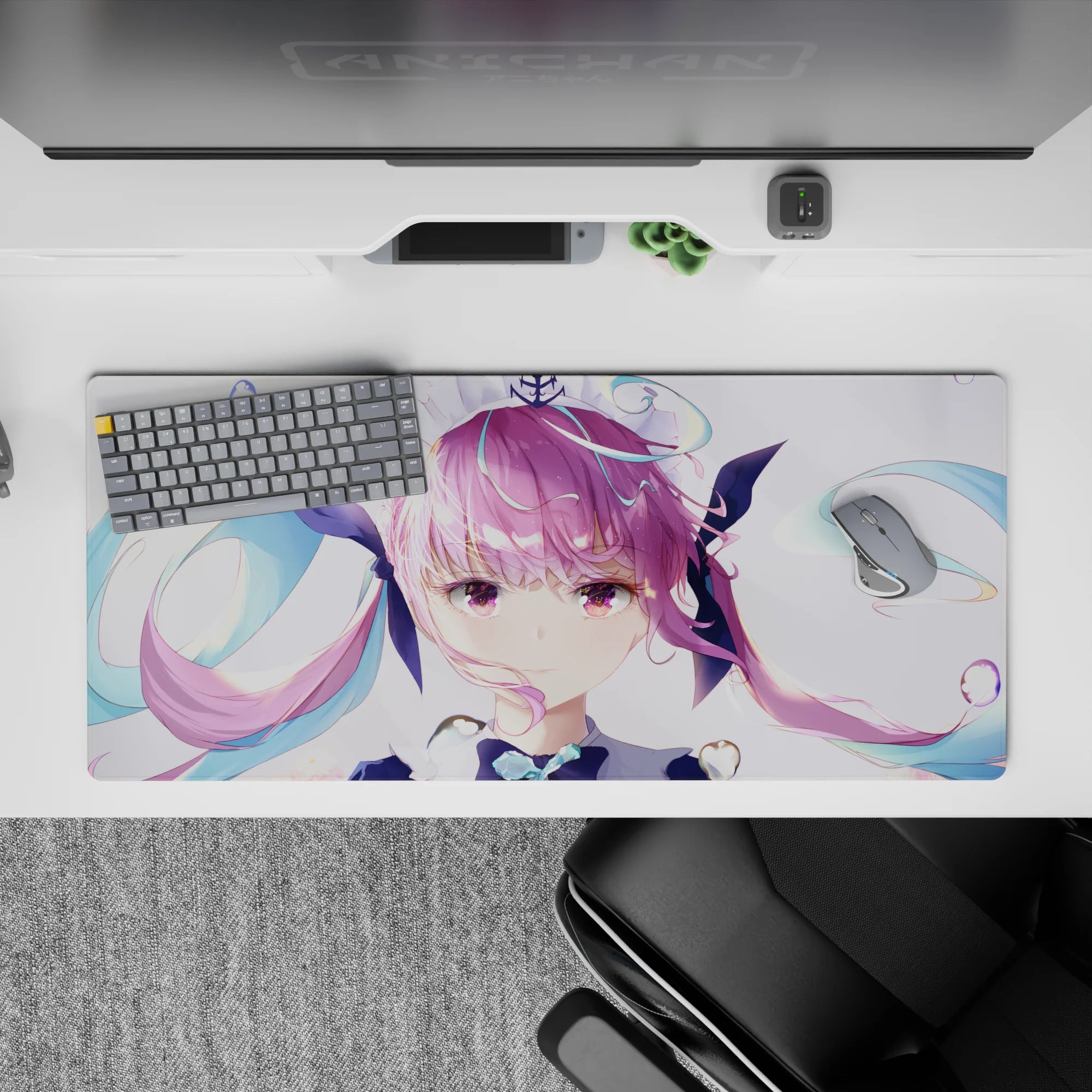 Pastel pink and teal anime girl desk pad 36x16 inches, airy cozy vibe with glossy sparkles and soft gradients.
