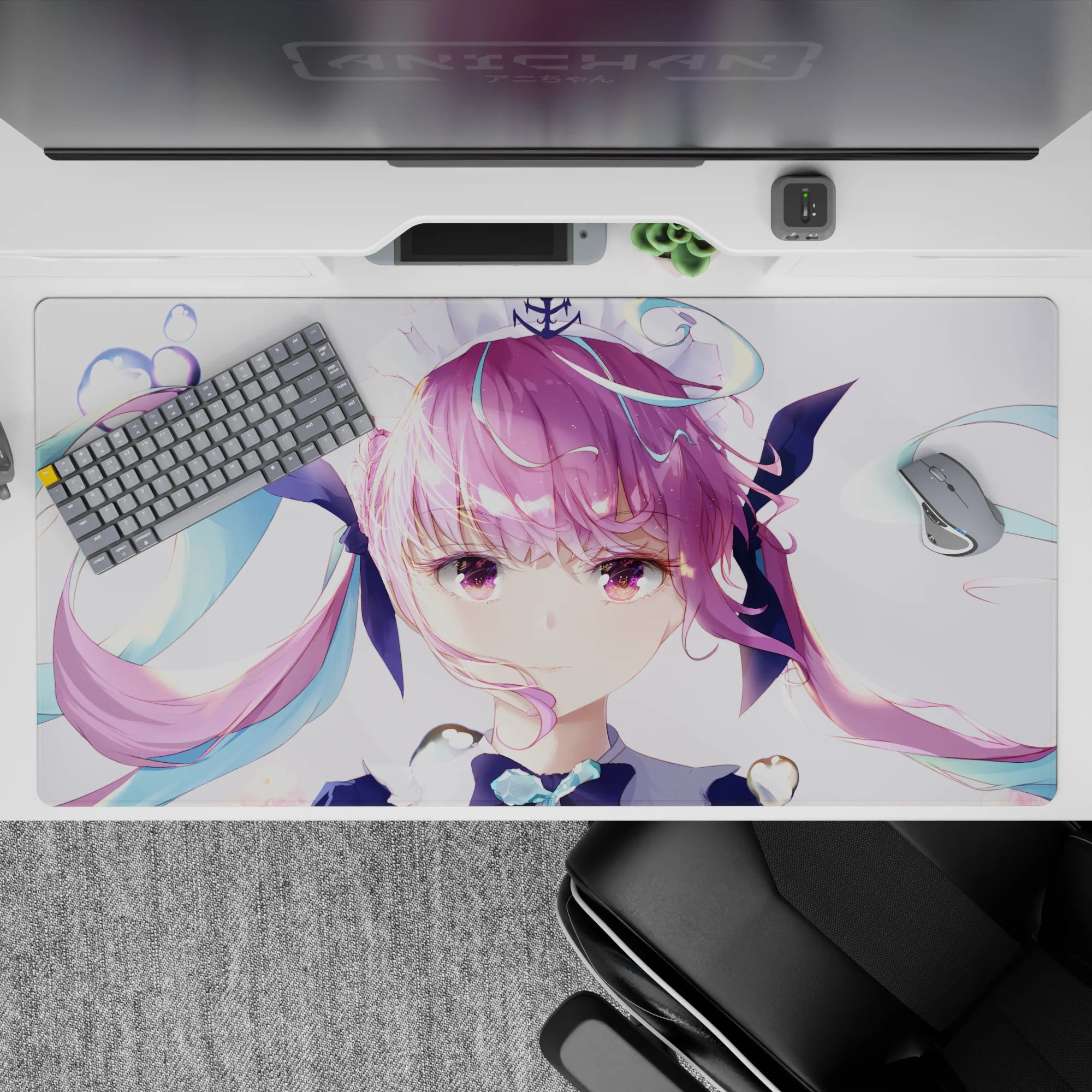 Dreamy pastel anime girl desk pad 40x20 inches in soft pink and teal, airy, cozy, calming vibe.