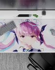 Dreamy pastel anime girl desk pad 40x20 inches in soft pink and teal, airy, cozy, calming vibe.