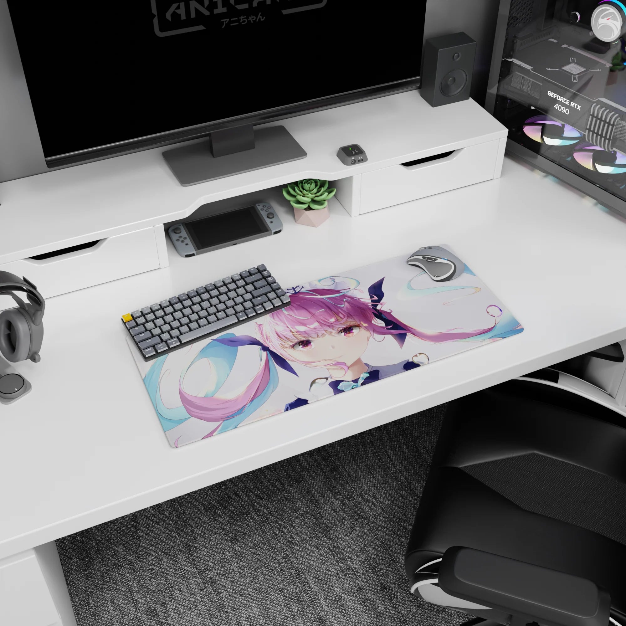 28x12 inches anime girl mouse pad featuring a cute idol with pouty gaze, pink twin-tails, teal ribbon accents.