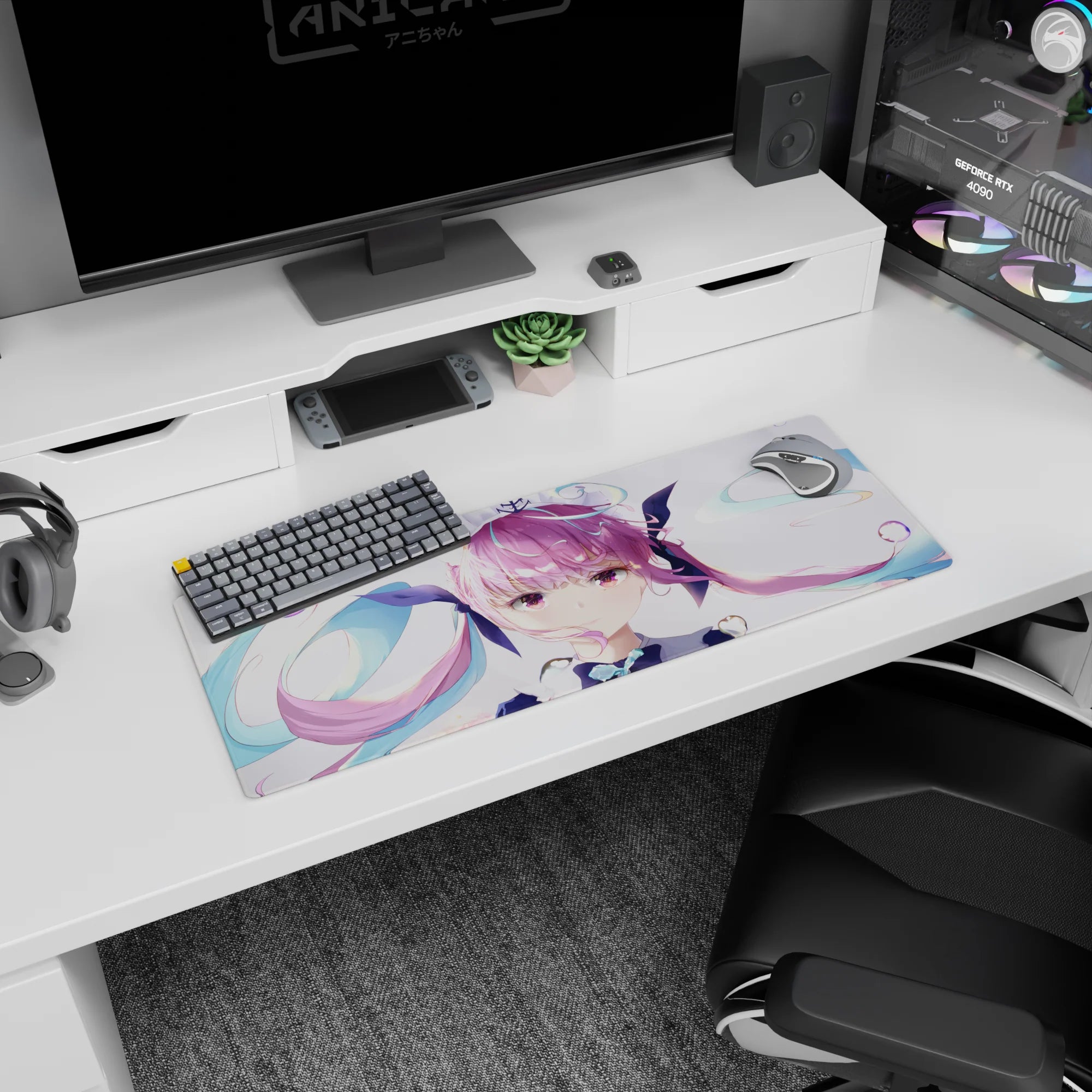 32x12 inches mouse pad featuring a pouty anime idol girl with pink twin-tails, teal bows, and shimmer.