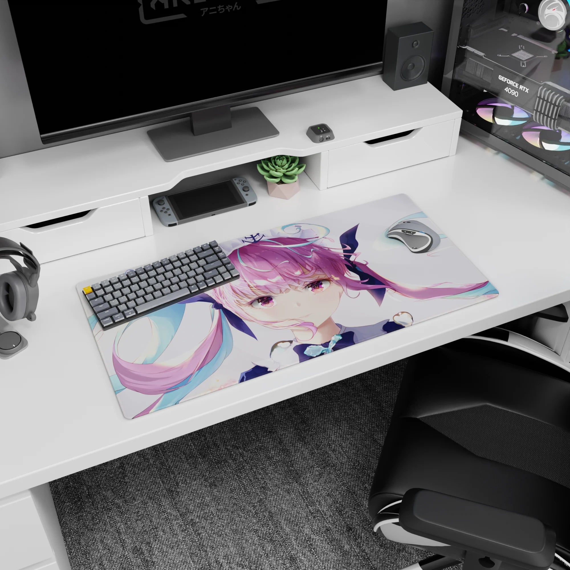 32x16 inches anime girl mouse pad featuring a cute pouty idol girl with pink twintails and teal bows.