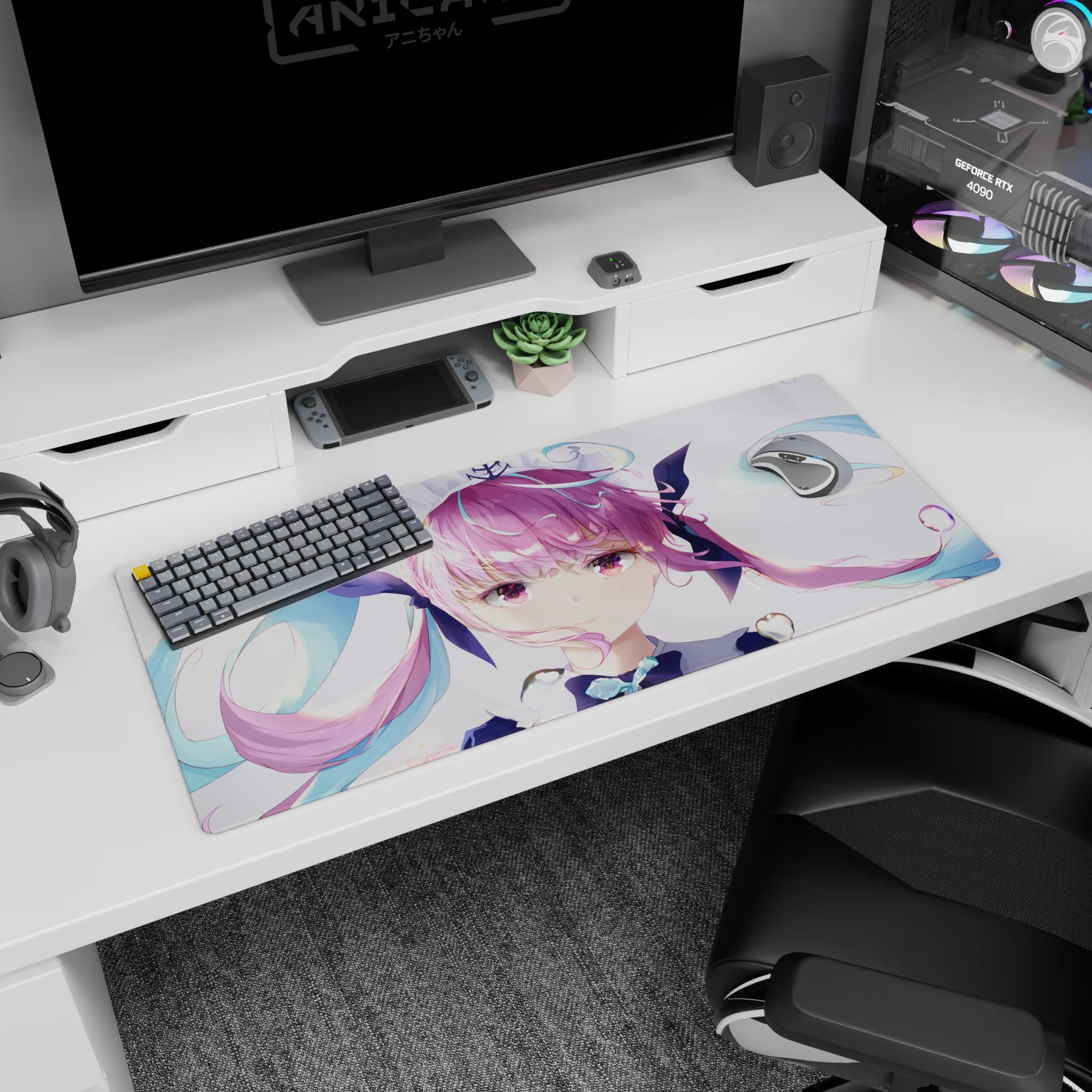 Cute pouty anime idol girl with pink twin-tails and teal bows on a 36x16 inches desk pad, white backdrop.