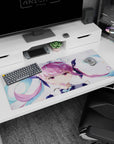 Cute pouty anime idol girl with pink twin-tails and teal bows on a 36x16 inches desk pad, white backdrop.