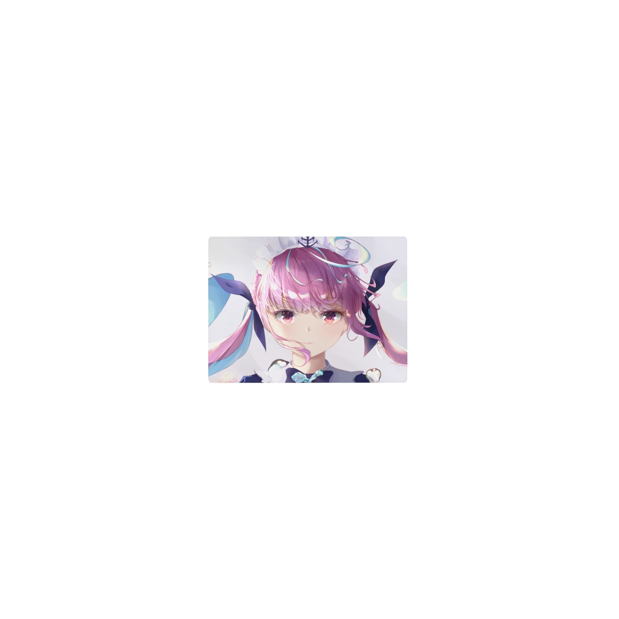 Classic anime girl mouse pad 14x10 inches with twin-tails, teal ribbons, sparkles, and white backdrop.