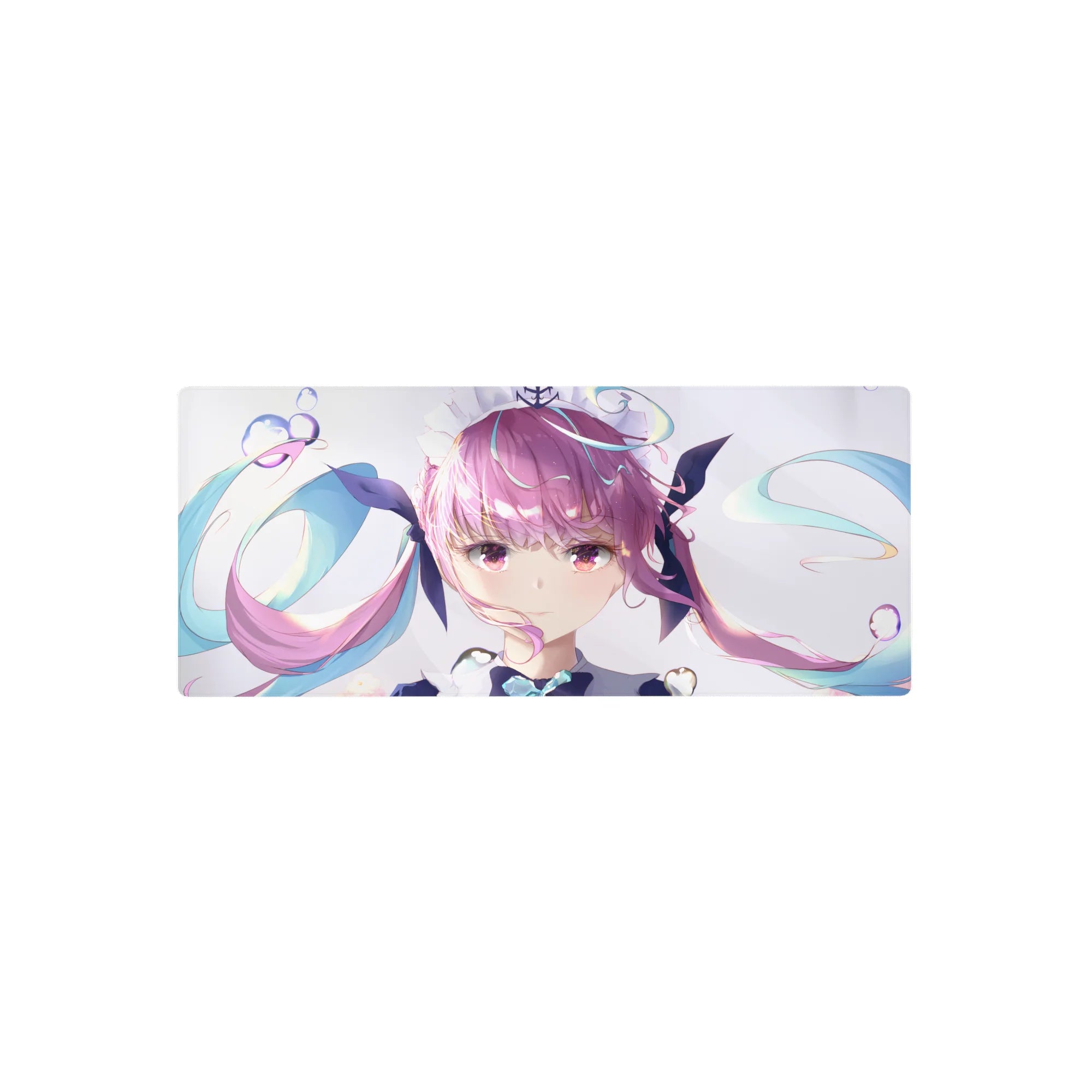 28x12 inches anime girl mouse pad with dreamy idol art, pink twin-tails, teal ribbons, sparkly white background.