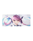 28x12 inches anime girl mouse pad with dreamy idol art, pink twin-tails, teal ribbons, sparkly white background.
