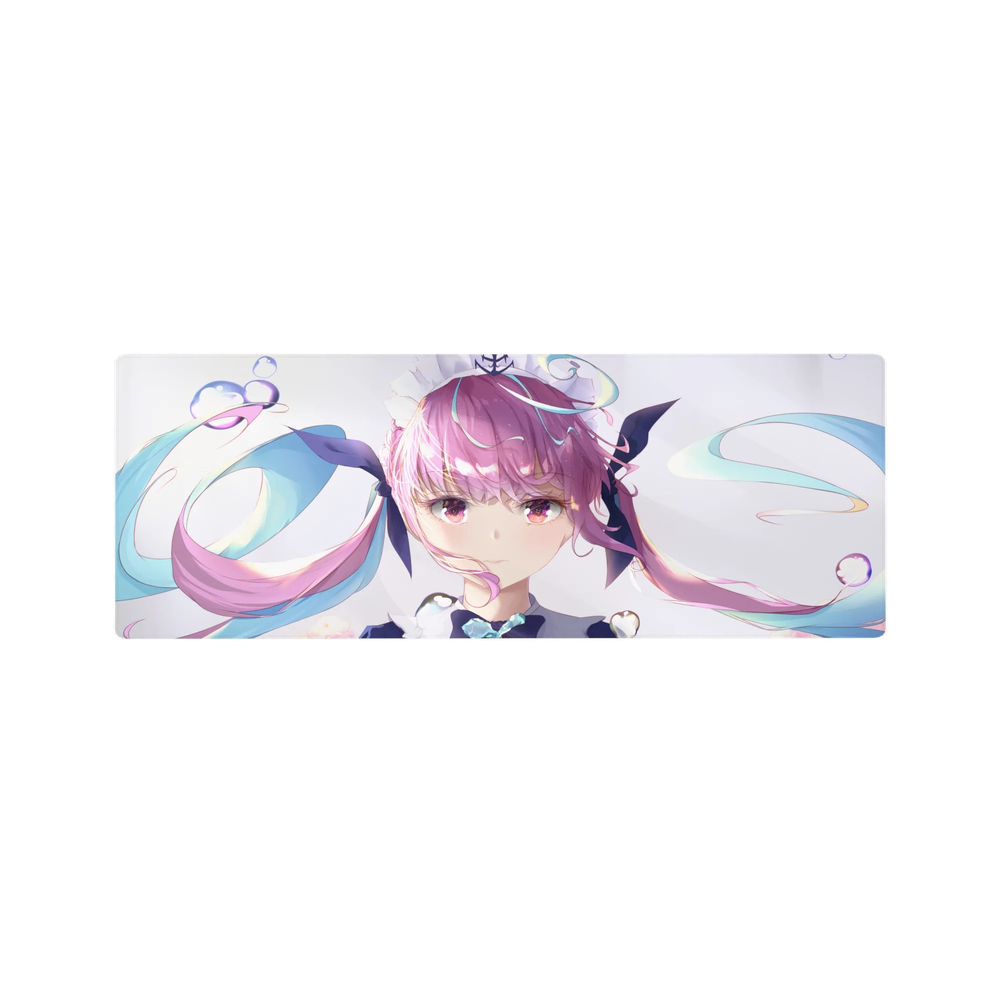 32x12 inches anime girl mouse pad with dreamy idol twin-tails, teal ribbons, sparkles, on white background.