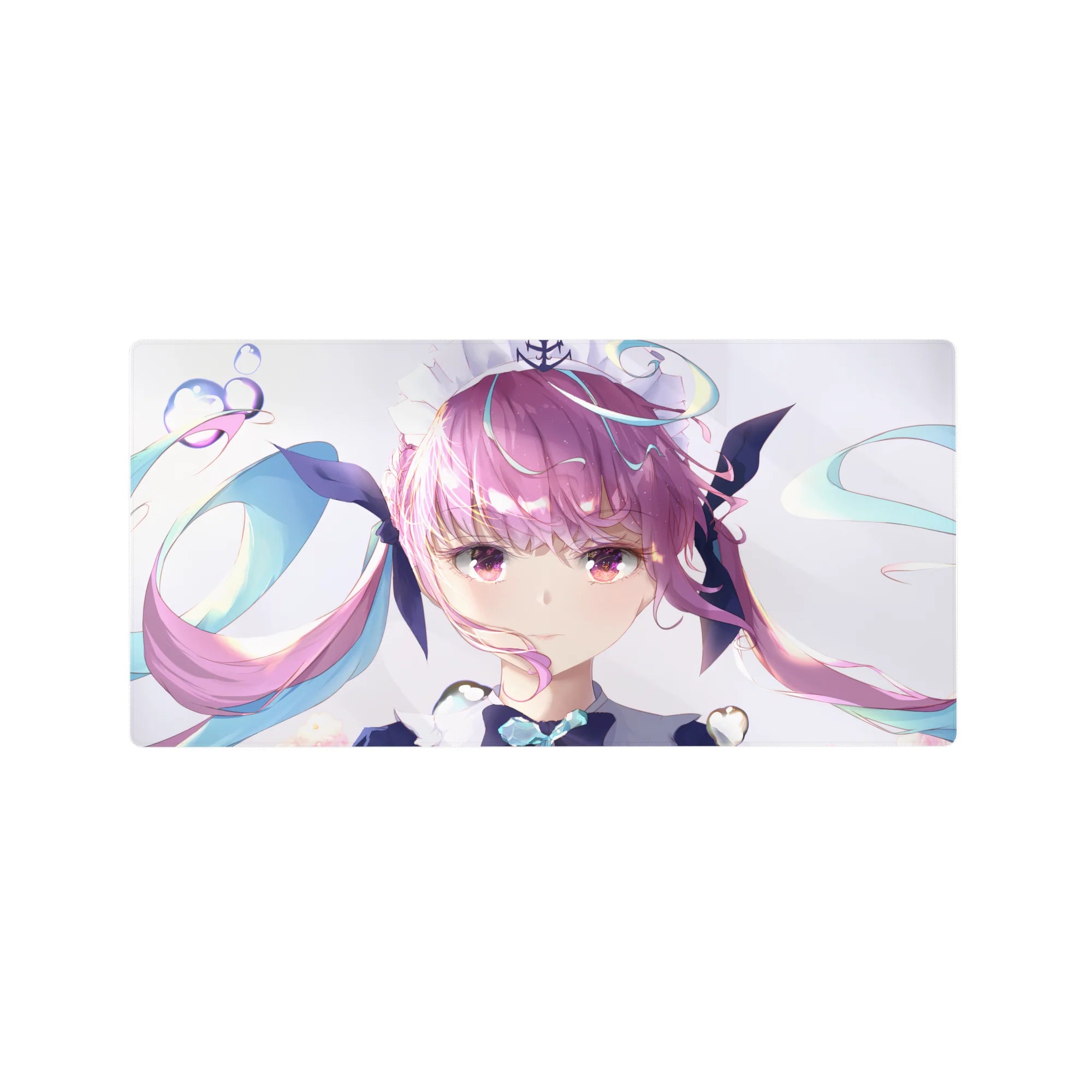 32x16 inches anime girl mouse pad with pink twin-tails, teal ribbons, sparkly accents on a white background.