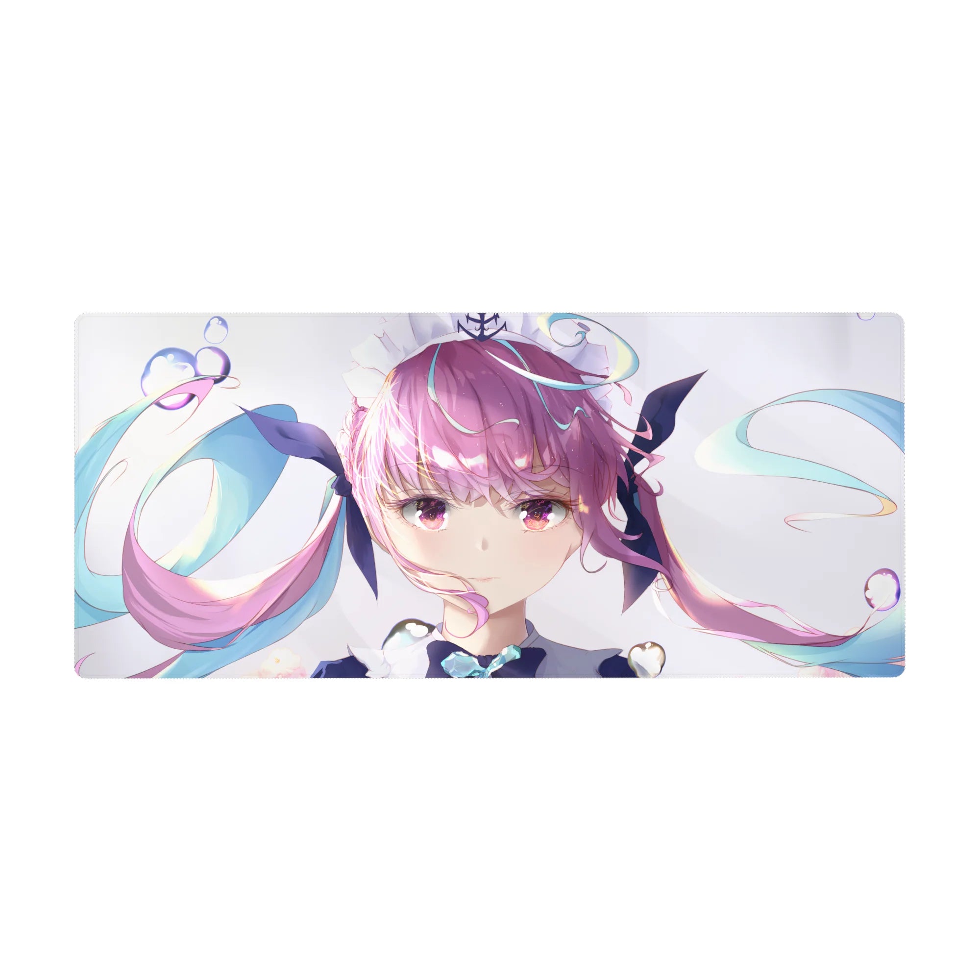 Anime girl desk pad 36x16 inches with dreamy idol twin-tails, teal ribbons, sparkles on a clean white background.