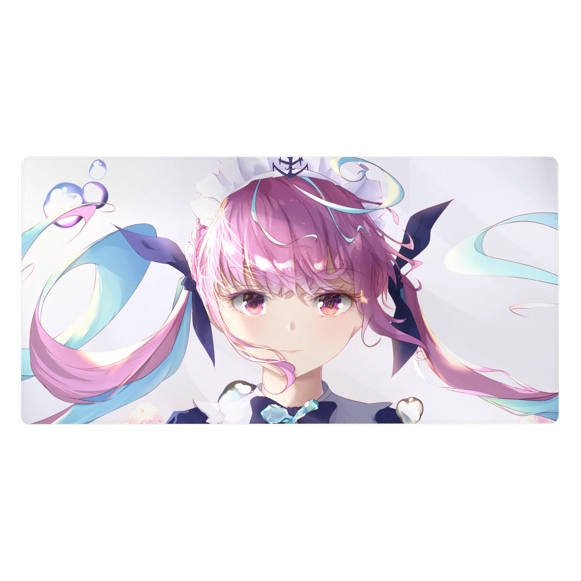 Anime girl desk pad 40x20 inches with pastel twin-tails, teal ribbons, sparkles, and white background.