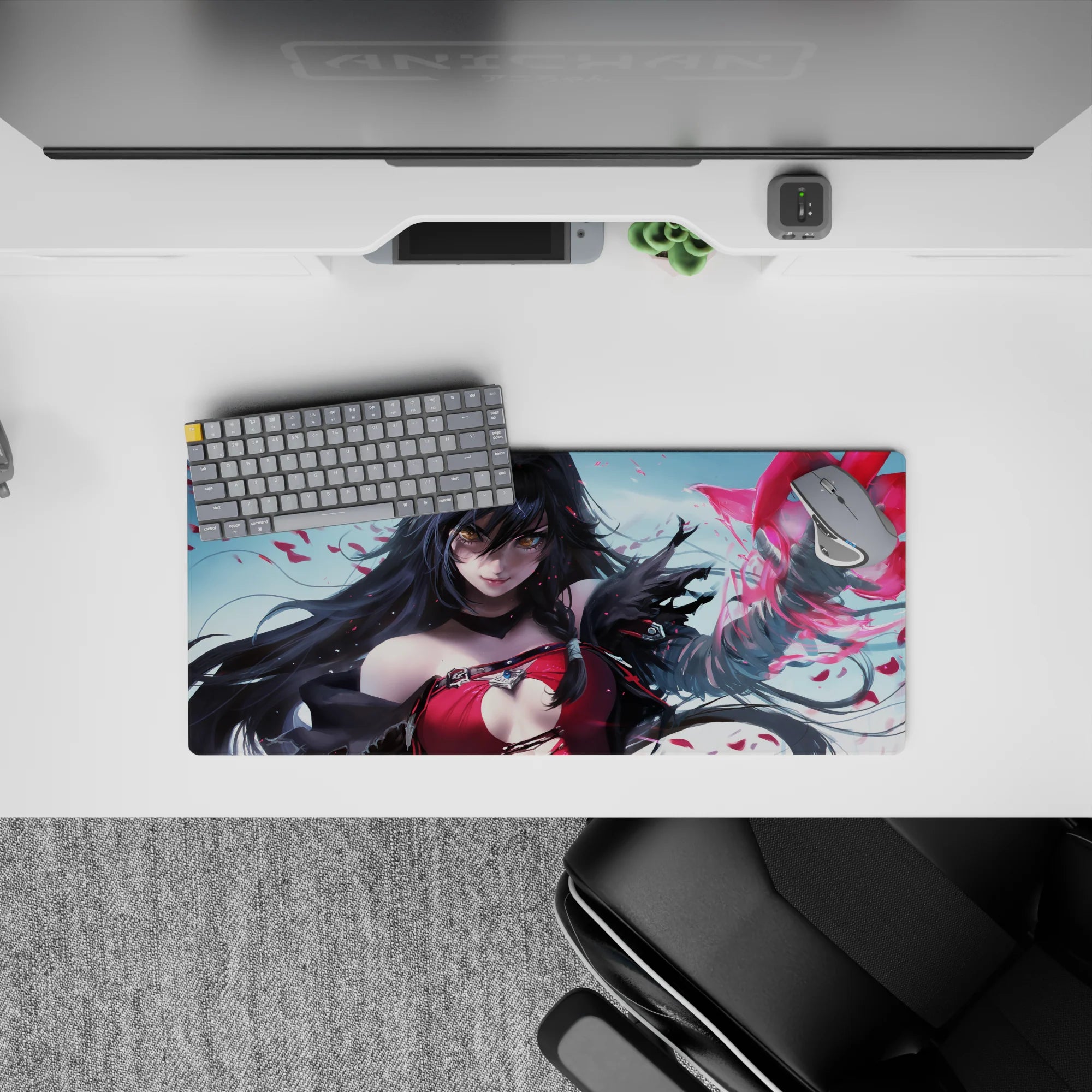 28x12 inches anime girl mouse pad in cool sky tones with vivid crimson accents and dramatic glow.