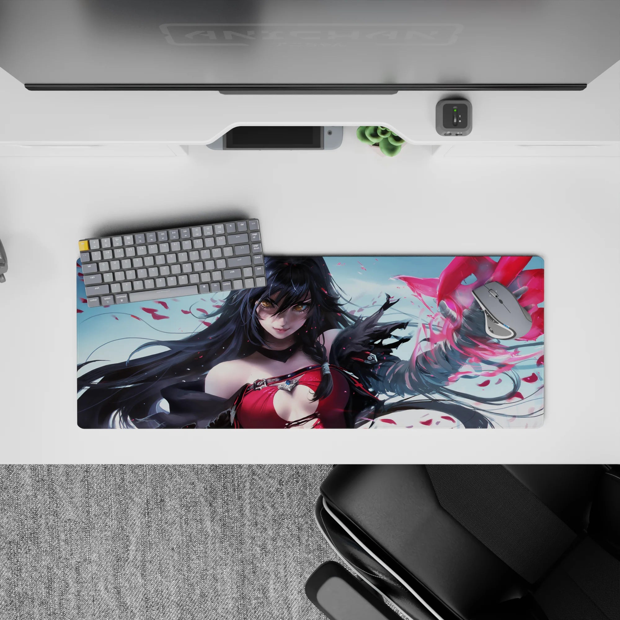 Anime girl mouse pad 32x12 inches in crimson and cool sky tones, dramatic glow and magical atmosphere.