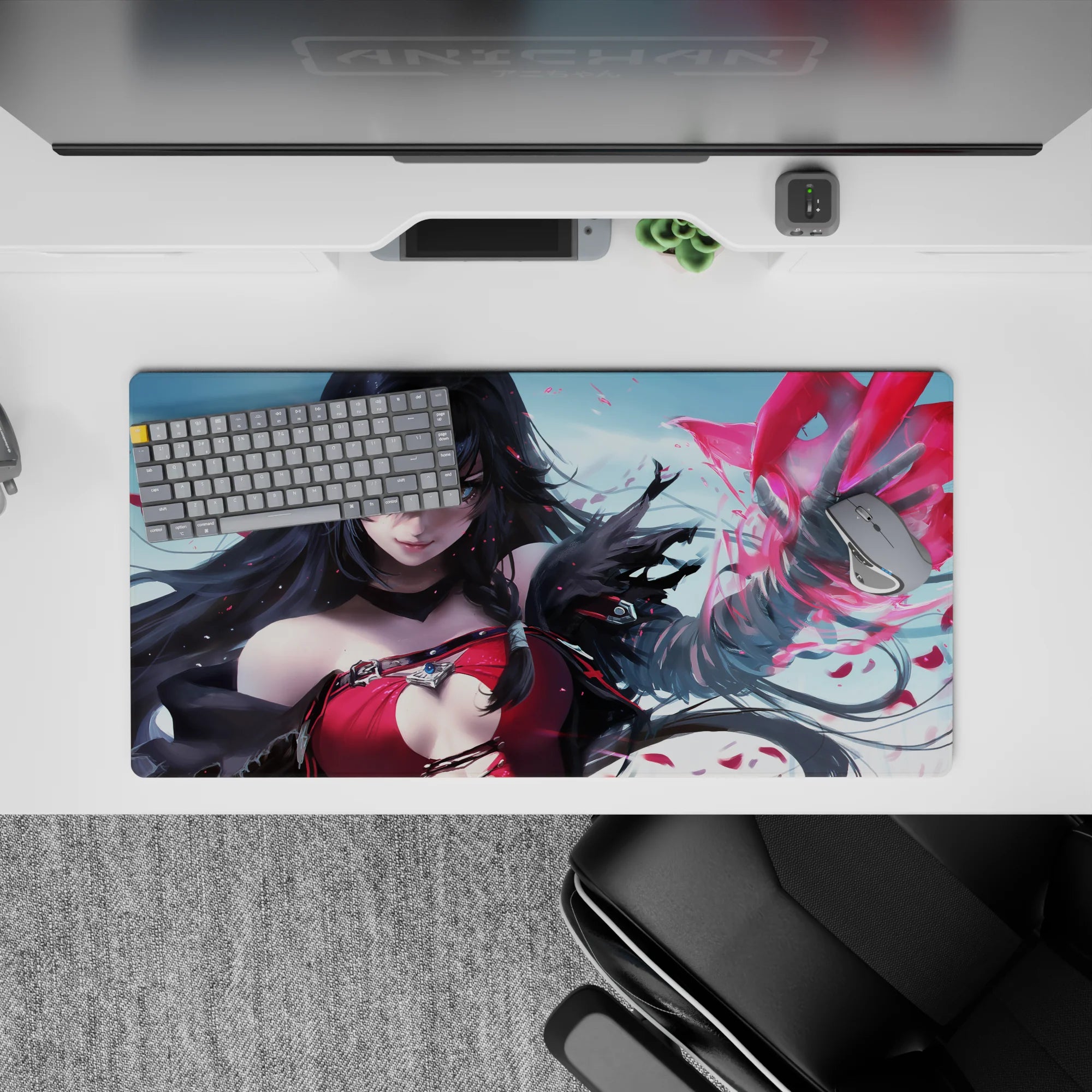 Anime girl mouse pad 32x16 inches in cool sky tones with vivid crimson accents, moody magical glow.