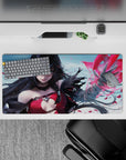 Anime girl mouse pad 32x16 inches in cool sky tones with vivid crimson accents, moody magical glow.