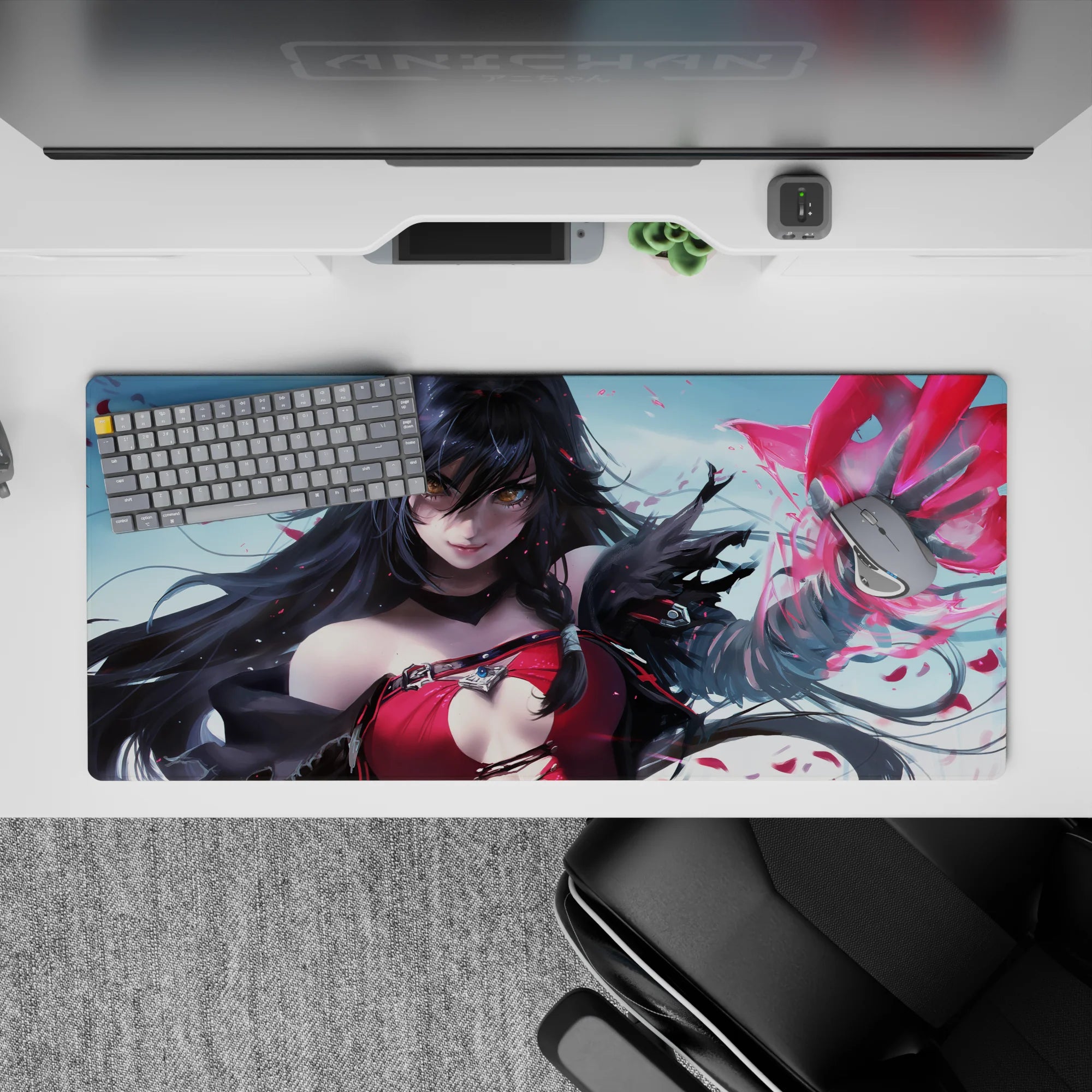36x16 inches anime desk pad in cool sky tones with crimson accents, amber eyes, and magical red shards.