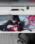 36x16 inches anime desk pad in cool sky tones with crimson accents, amber eyes, and magical red shards.